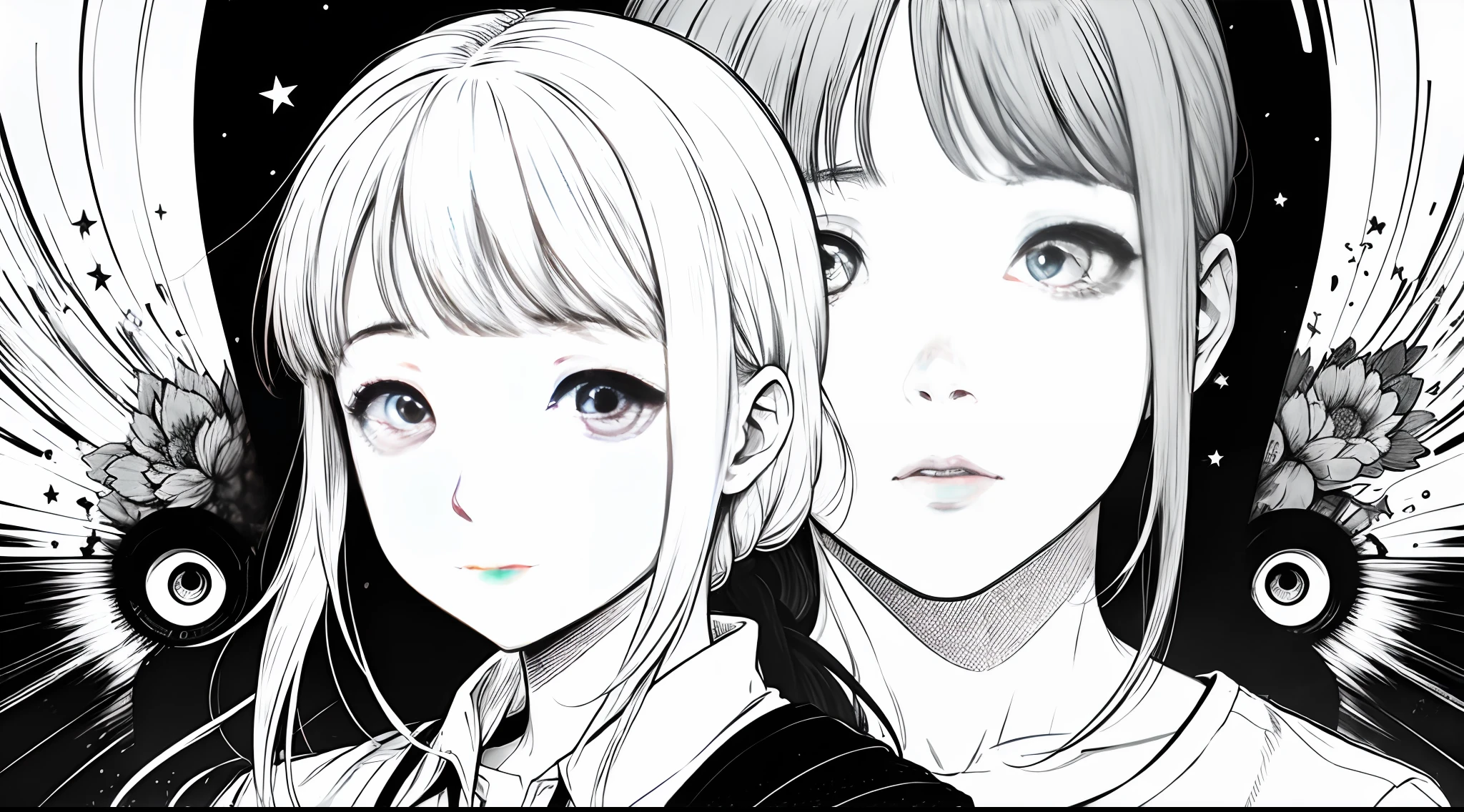 Un personaje femenino parecido a Aiko Tanaka del manga "Oyasumi Punpun" por Inio Asano, Una obra de arte fotorrealista con hermosos ojos detallados, Un esquema de color monocromo, Capturing a sad expression, contra un cielo estrellado. restairar ojos , ojos correctos, anatomia correcta