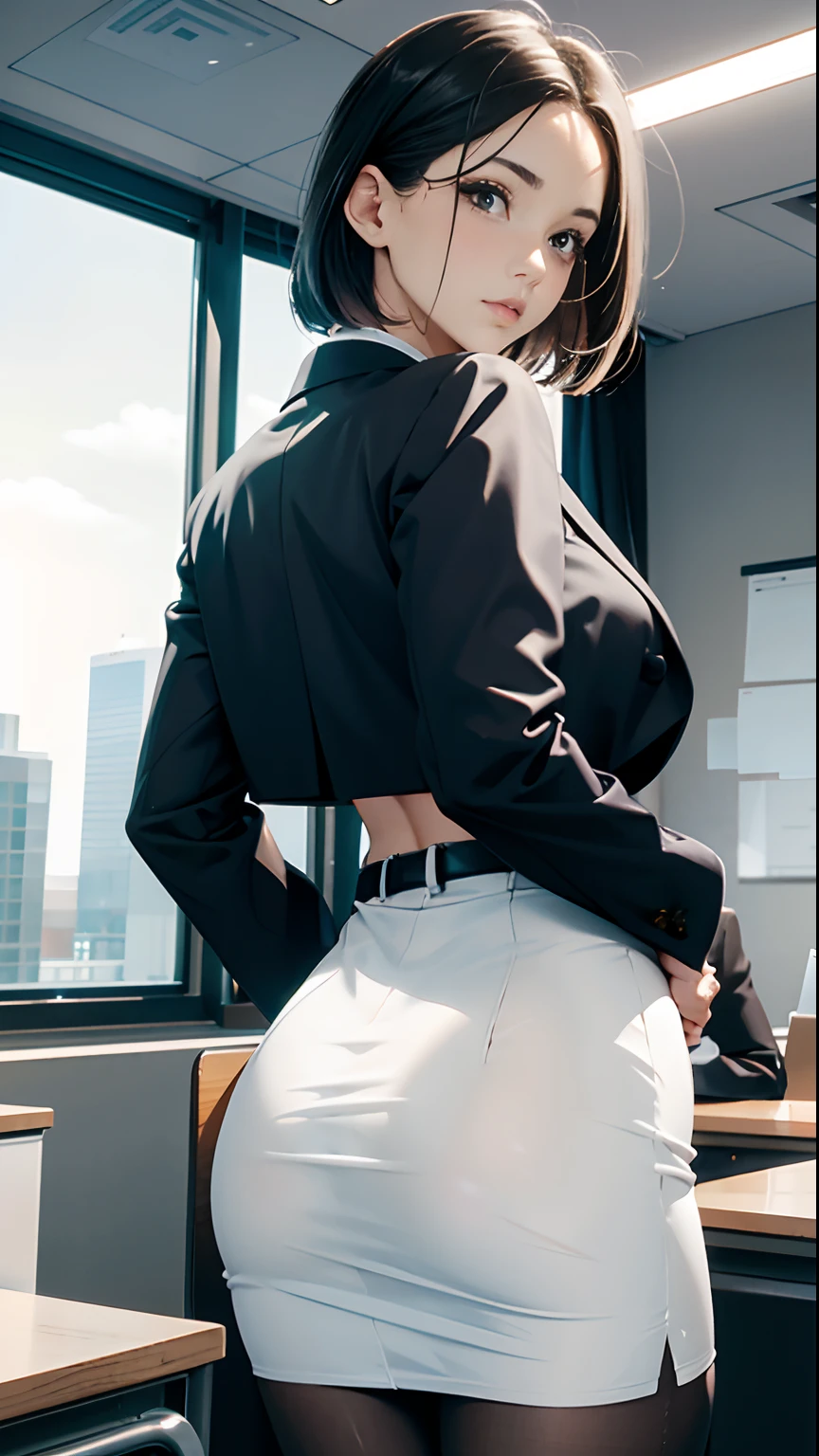 Masterpiece, best quality, cinematography, office girl turning her back leaning on a desk, corporate office 1girl, beauty, low angle portrait, focus on the butt, narrow waist, khaki suit, office lady, suit, translucent white mini skirt, office formal translucent white shirt from beside, office room, desk, detailed face, short hair, panty line, panty line, translucent clothing