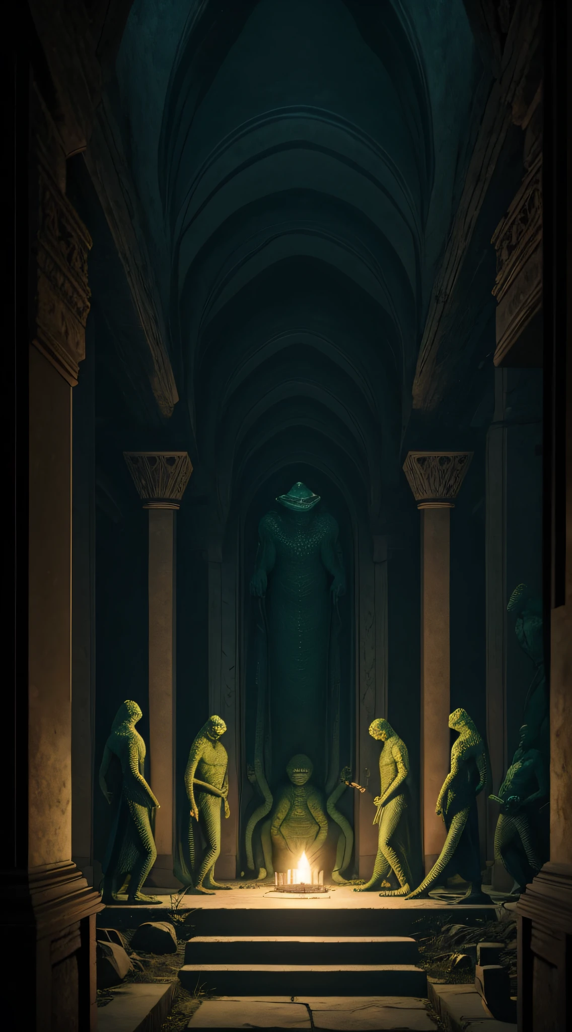 Design a chilling scene of lizard people gathering in a dimly lit, secret temple for a ritual that advances their plan for total global domination.