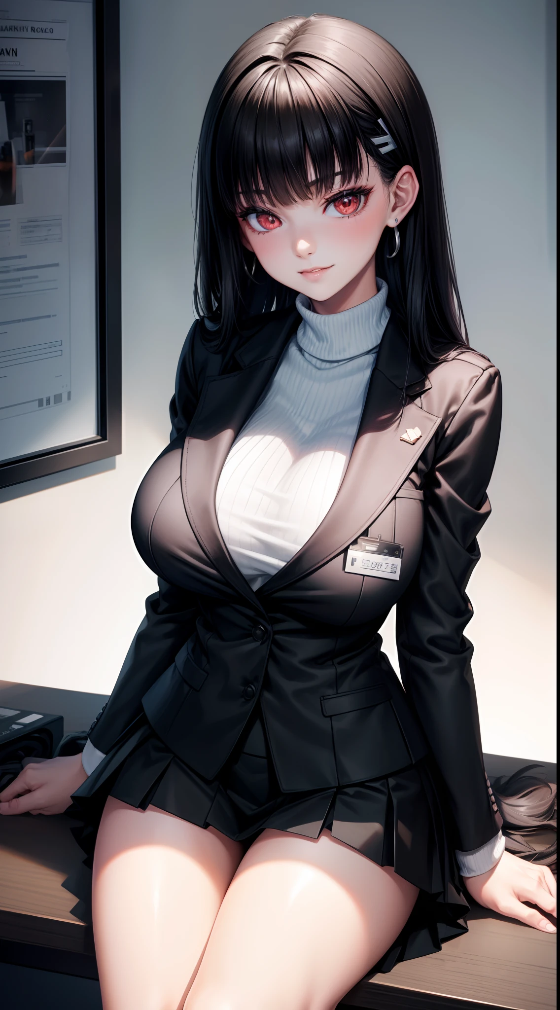 8k, highres, ultra detailed, (masterpiece:1.4), best quality, symmetrical body, (Black blazer with white roll neck sweater underneath:1.4), (short black skirt:1.4), choker, cute, solo, earrings, long hair, black hair, red eyes, glow effect, finely eye, wide smile, detailed face, looking at viewer, smilling at viewer, in the office, sitting at desk, angled view, big breasts, seductive look