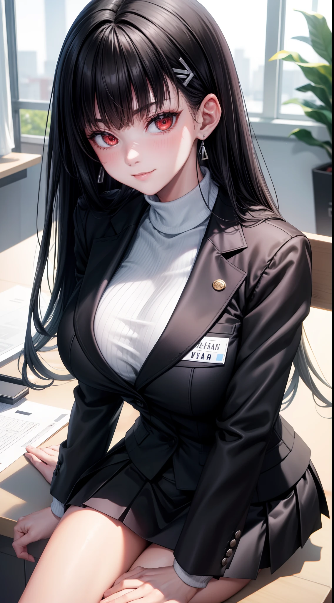 8k, highres, ultra detailed, (masterpiece:1.4), best quality, symmetrical body, (Black blazer with white roll neck sweater underneath:1.4), (short black skirt:1.4), choker, cute, solo, earrings, long hair, black hair, red eyes, glow effect, finely eye, wide smile, detailed face, looking at viewer, smilling at viewer, in the office, sitting at desk, angled view, big breasts, seductive look