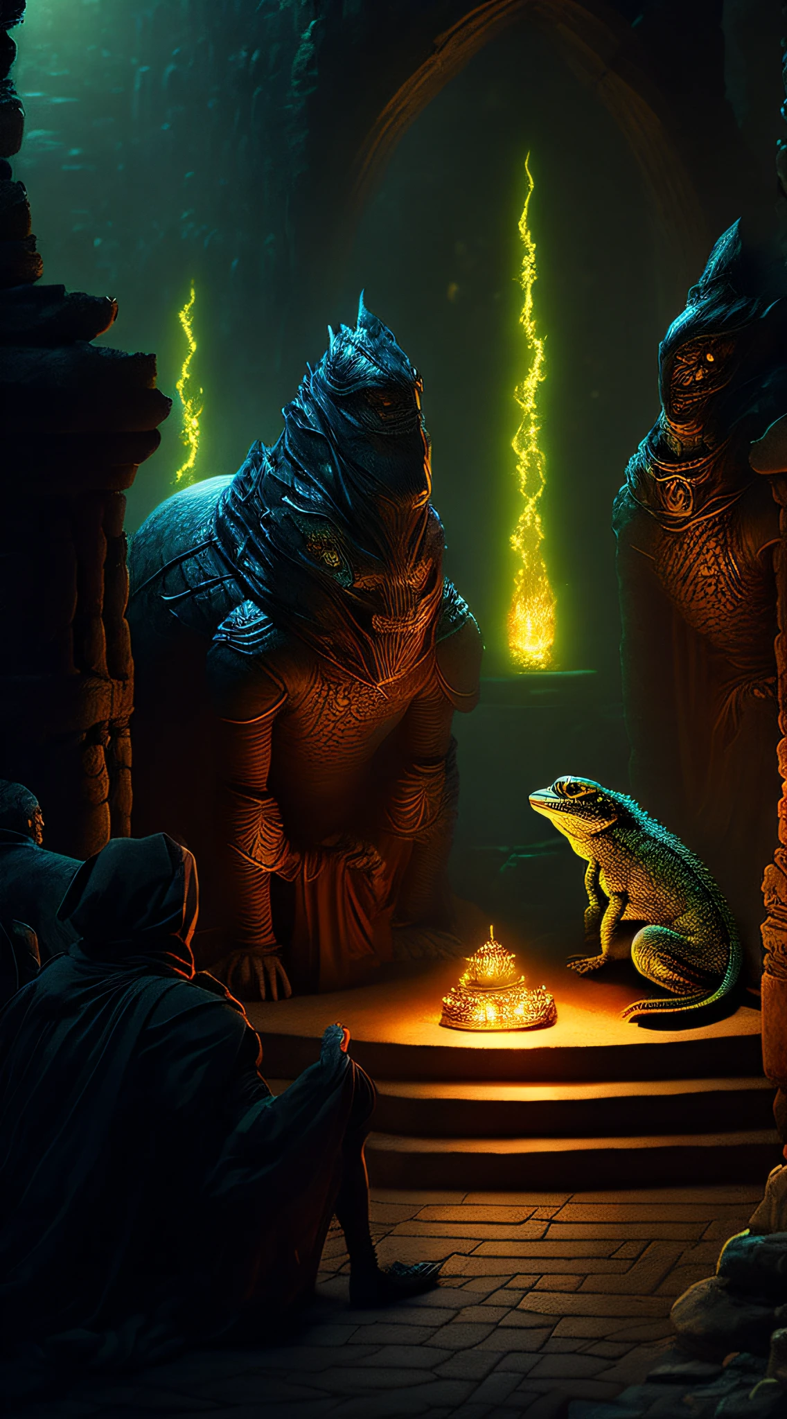 Design a chilling scene of lizard people gathering in a dimly lit, secret temple for a ritual that advances their plan for total global domination.