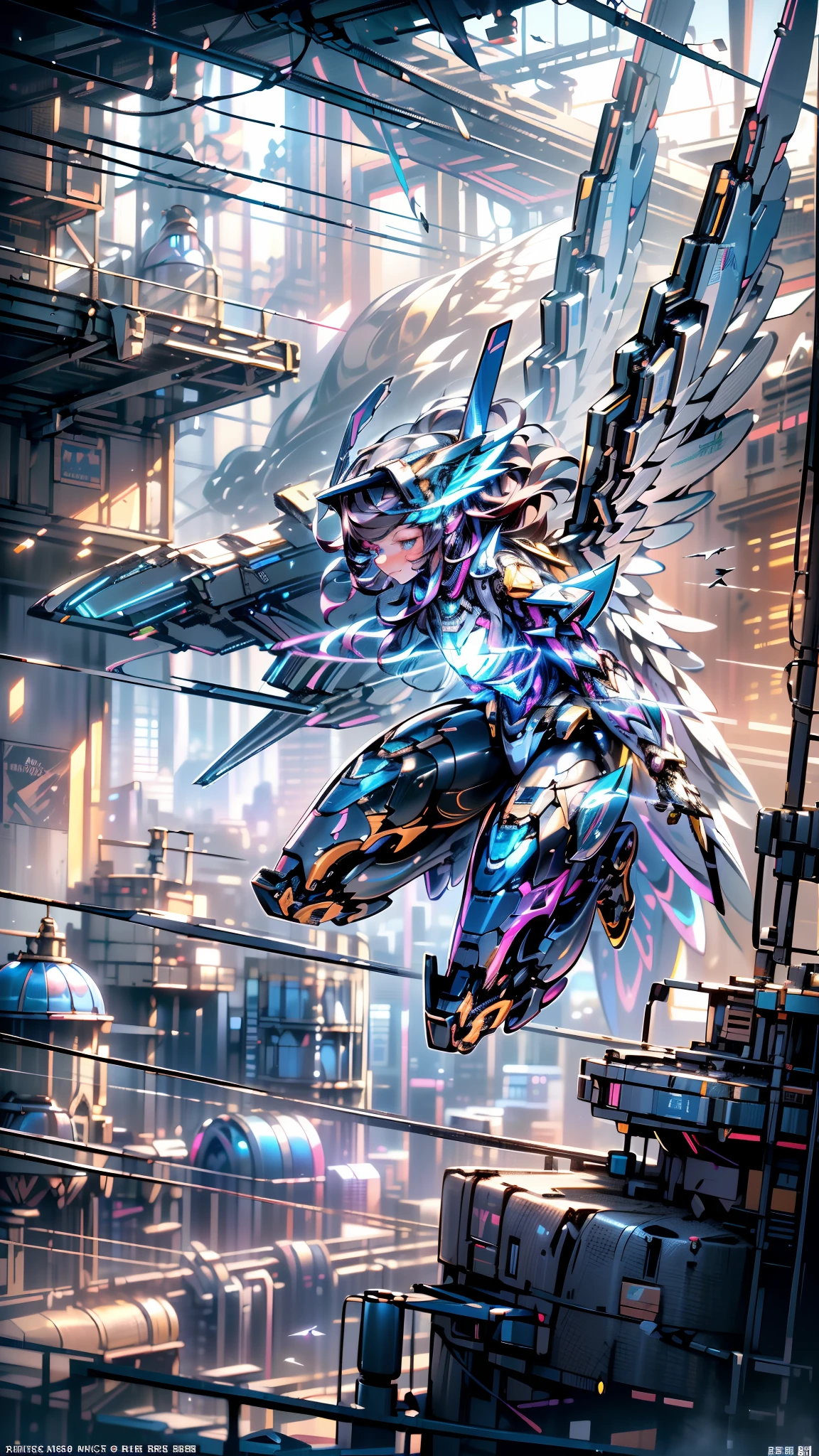 tmasterpiece，best qualtiy，highest  quality，ultra - detailed，Best resolution，8K，CG，illustration，realisticlying，aerial perspective，(Surrealist tech metropolis:1.2)，(The mech girl flew over the city:1.2)，(Mechanical wings with a sense of technology:1.3)，Transparent Goggles，Glowing tech mech，Beautiful facial features，Detailed facial details