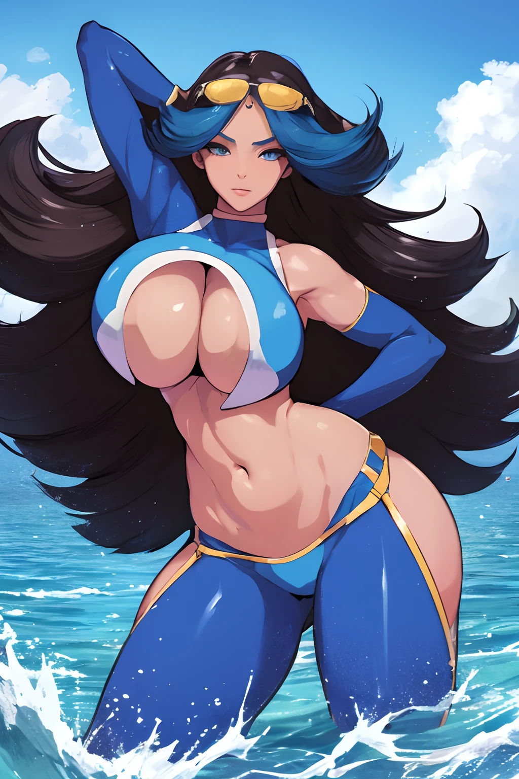 ((Solo)), perfect face, young woman, realistic photo, beautiful face, perfect face, masterpiece, perfect eyes, shelly pokemon, simple background, midriff, collarbone, ((underboob)), hair covering left eye, sunglasses ontop of head, ((Gigantic breasts:1.3)), full body, Blue string bikini, emerging out of water, throwing hair back