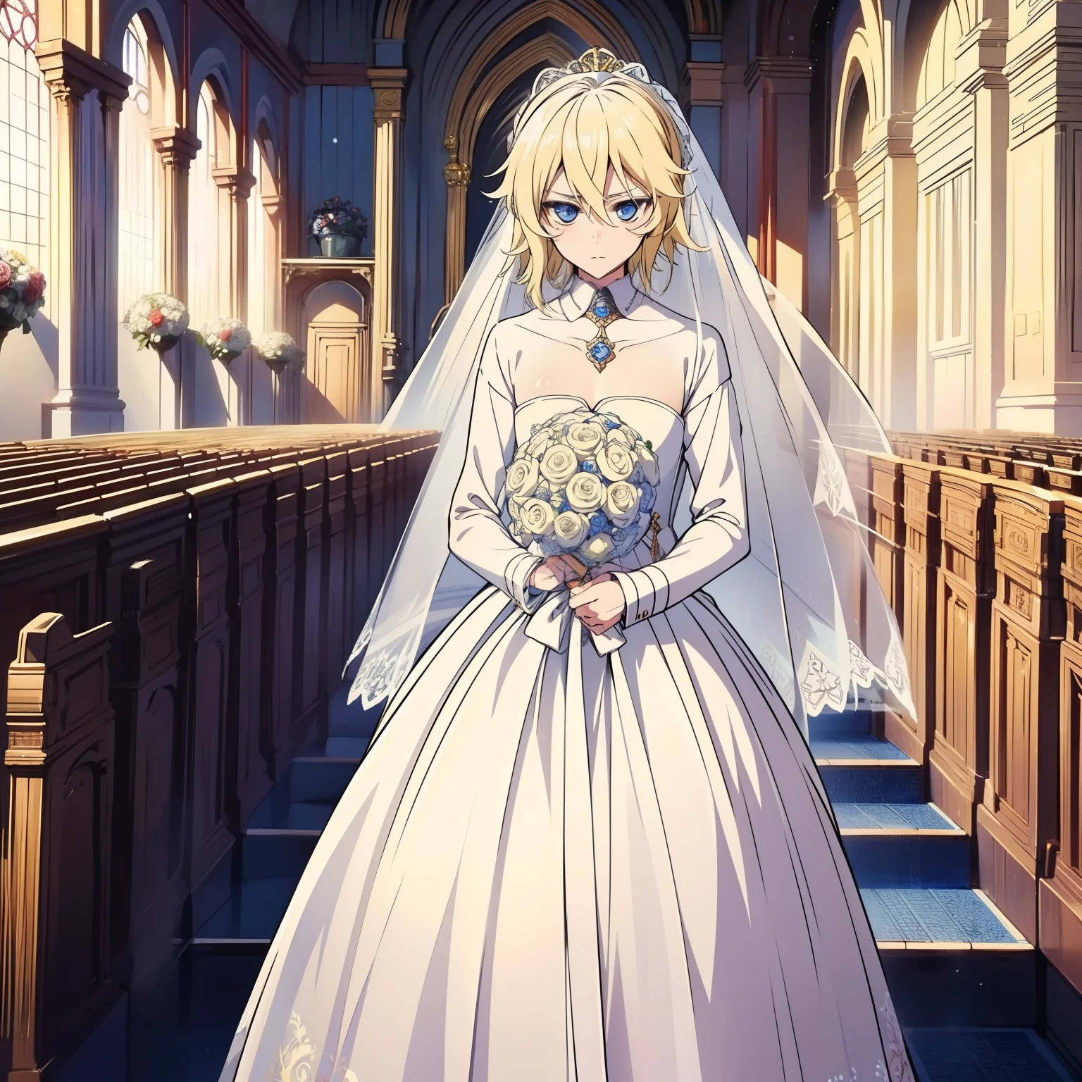 (Masterpiece), Best Quality, expressive eyes, a perfect face, 1boy, solo, blond hair, blue eyes, Without hair decoration, in the church, wedding, wedding dress, whitedress, veil, blusher, Bouquet in hand, Look at the viewer, Mikaela, Mikaela Hyakuya