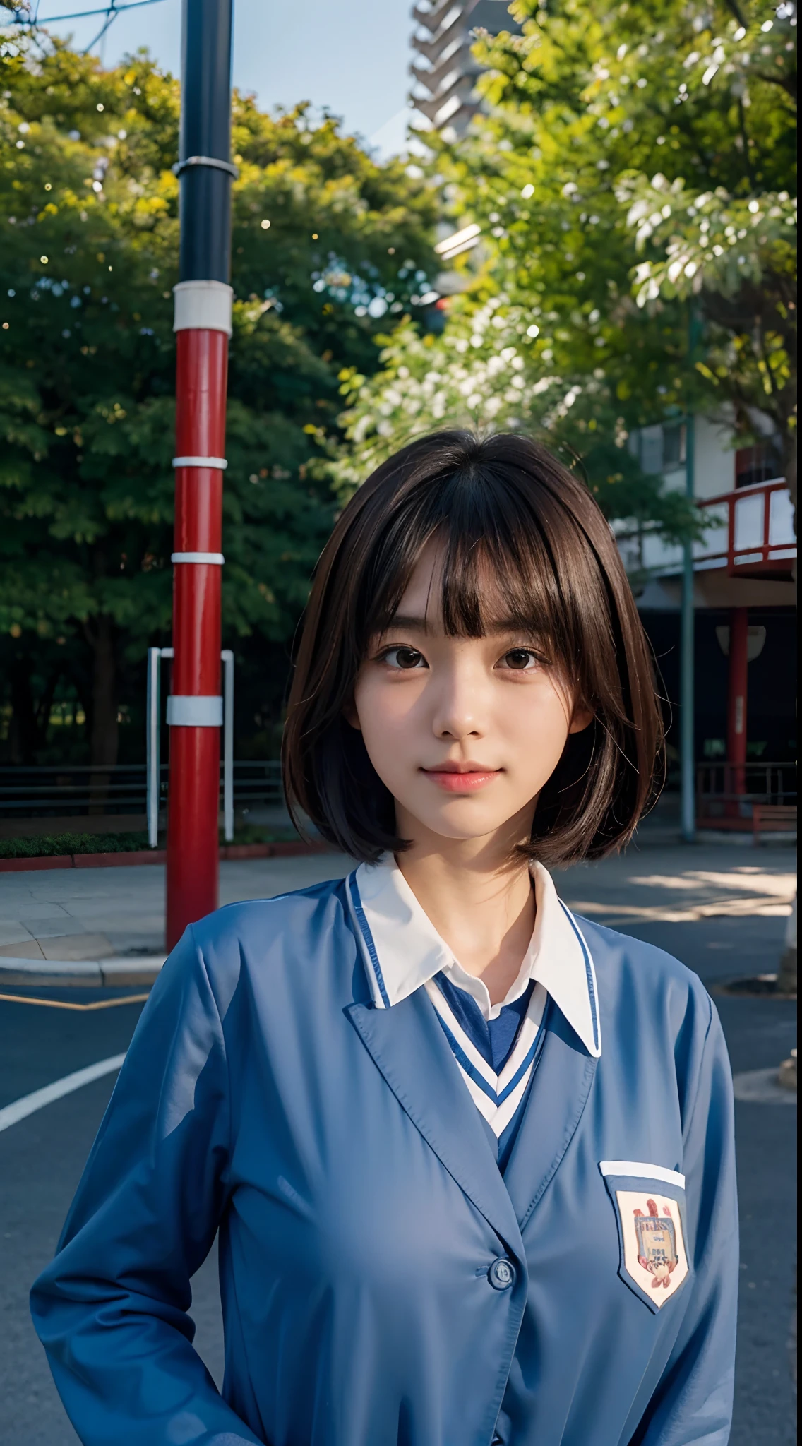 1girl,japanese,ars old,shy,in the amusement park,(((japanese high school uniform))),huge breasts,brown hair,light smile,blunt bangs,portrait,short hair, Surrealism, Surrealism, Fujicolor, 8k, super detail, UHD, masterpiece, textured skin, super detail, high details, high quality, highres, best quality, 1080P, 16k