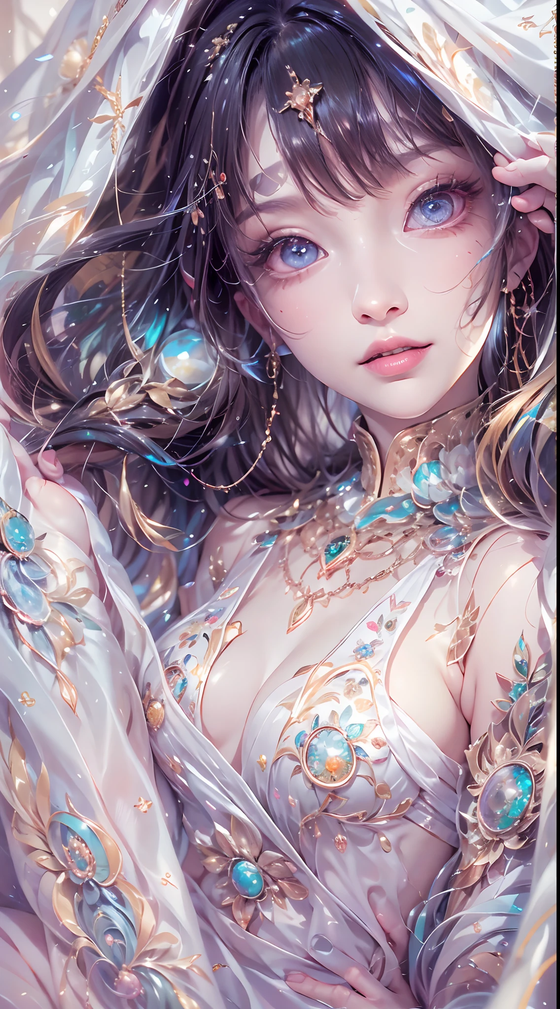 1girll,(enchanced quality:1.4),(Top quality true texture skin), Delicate face,Black hair, Gradient hair, Petite body,(perfect bodies:1.1), There are precious stones on the forehead, largeeyes,Wide eyes,(Eye focus),sface focus,Cosmic eyes,Space eyes,Sparkling pupils,long eyelasher,grin, hyper photorealism, Cinematic lighting, projected inset, surrealism, hyper HD, Masterpiece, 16k,Lie down,dream on,Wear transparent silk pajamas,Carmelto,Legs slightly open,Tattooed with,Fantasy space,Luxurious space