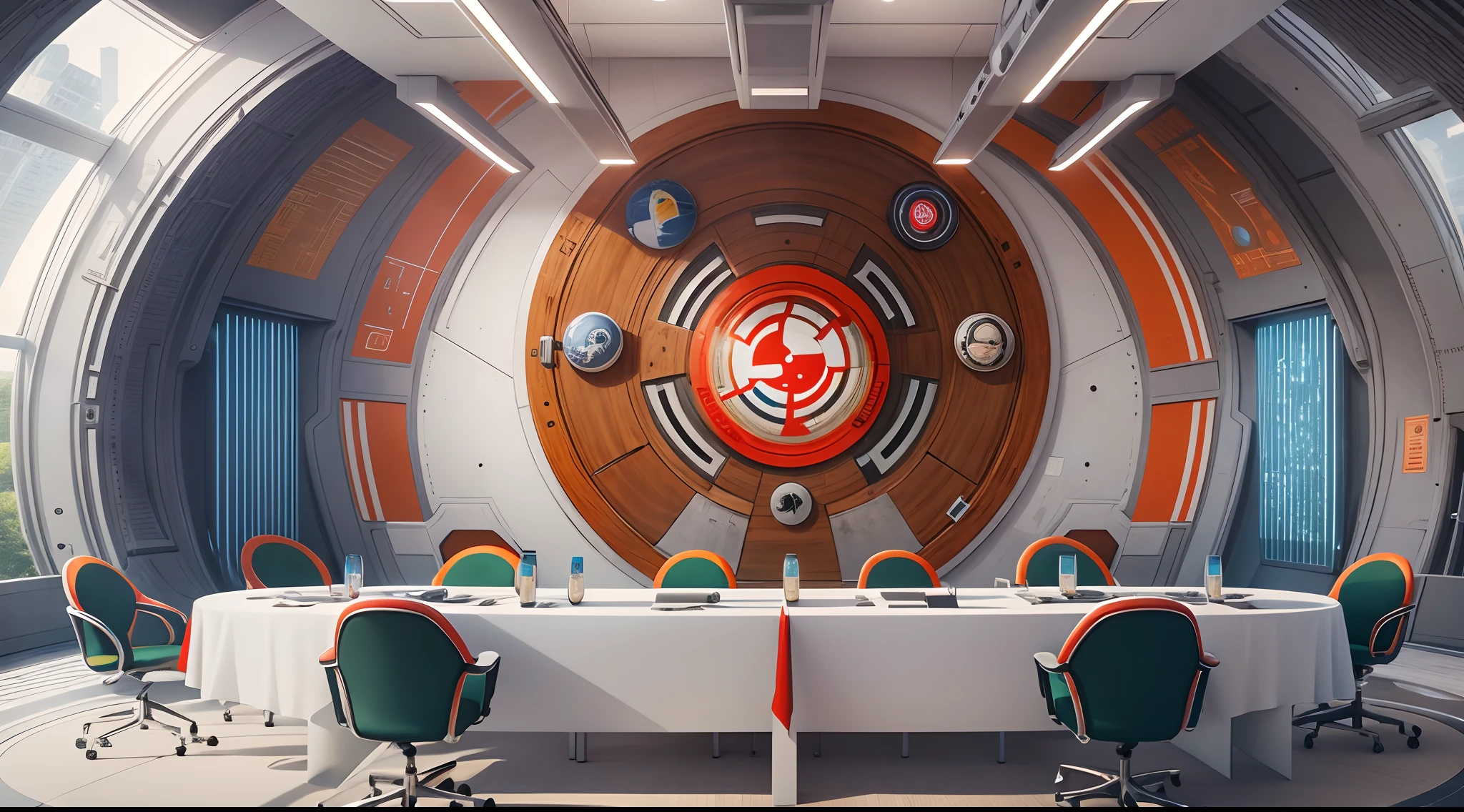Futuristic meeting room decorated with UN flag and emblem, red flags, Space style, Space age, Sci-fi, meeting room,round tables