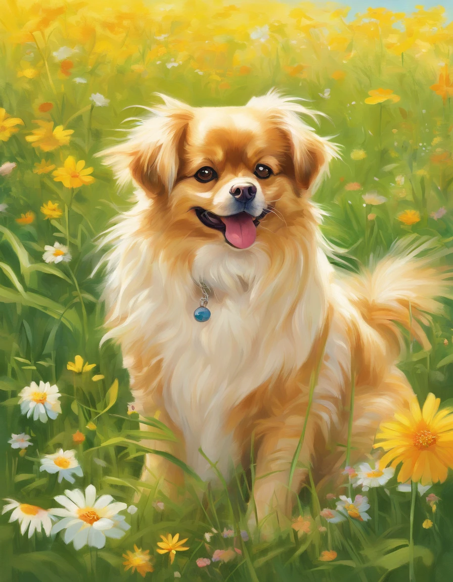 (bright colors,elegant,serene,majestic,peaceful,natural beauty:1.1),oil painting, with beautiful detailed eyes and fluffy fur, enjoying the warm sunshine filtering through the trees, surrounded by blooming flowers and a gentle breeze, creating a harmonious and idyllic scene. The grass is lush and vibrant, with shades of green and hints of yellow, complementing the Tibetan spaniel's golden and white coat. The summer sky above is clear and blue, adding to the overall brightness and cheerfulness of the painting. The lighting is soft and warm, casting gentle shadows on the ground and enhancing the dog's features. The composition is balanced and symmetrical, with the Tibetan spaniel positioned in the center of the grassy meadow. The brushstrokes are delicate and precise, capturing the fur's texture and the intricate details of the dog's expressive face. The overall effect is a captivating and serene portrayal of a Tibetan spaniel enjoying a peaceful moment in the beautiful summer surroundings.