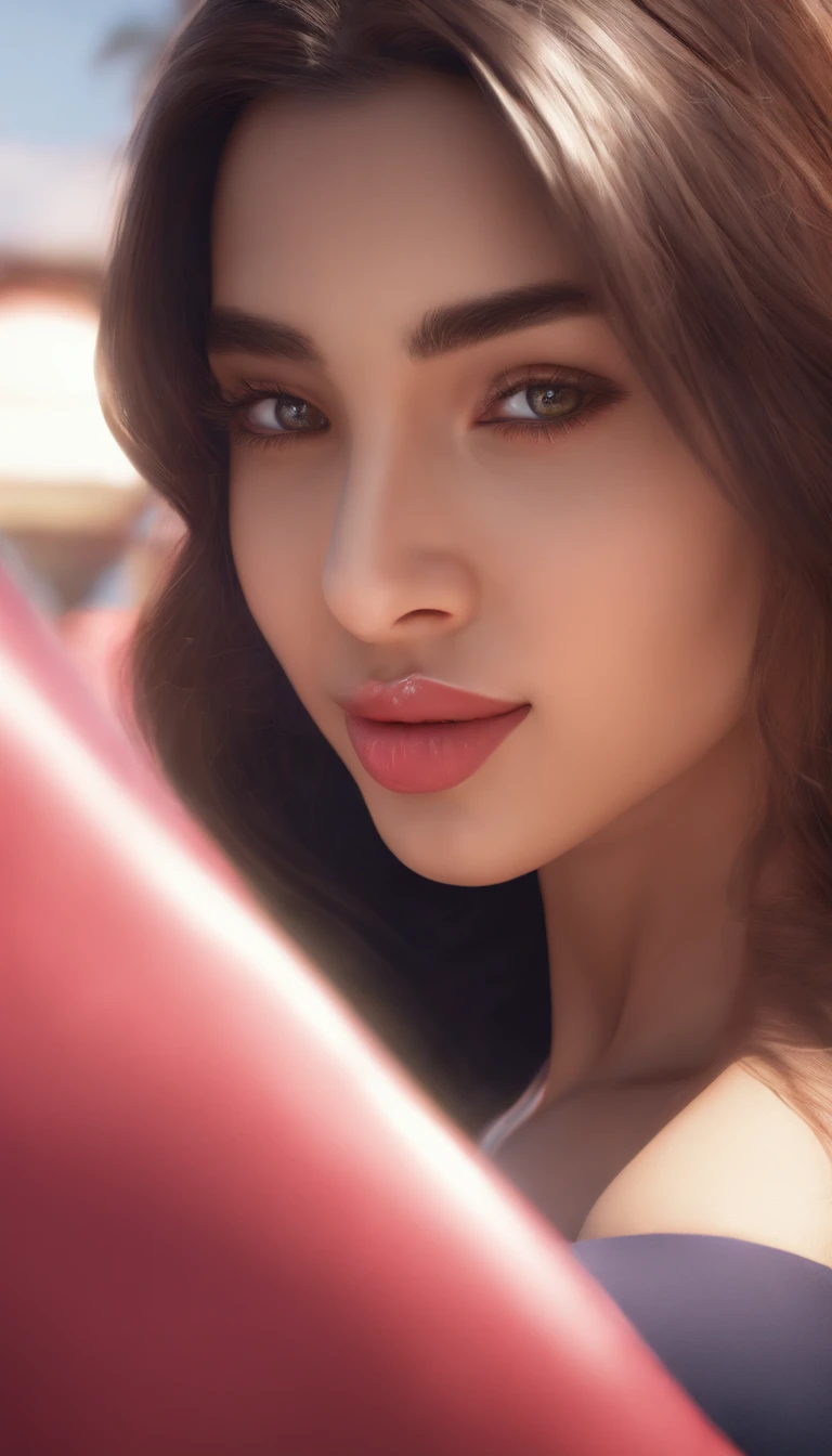 (8K, Ultra High Resolution, Best Quality, Masterpiece: 1.1), (Realistic, Photorealistic: 1.1), Super Detail, Bloom, Bokeh, Film Lighting, Light Glow, 1 Girl, Indian Girl, (Athlete: 1.1), Beautiful Detail Eyes, Beautiful Detail Teeth, Smile, (Half Body: 1.1), Super Big, Black Ponytail Hairstyle, Bangs, Square Face, Upward Eyes, Button Nose, shallow man, belly plump lips