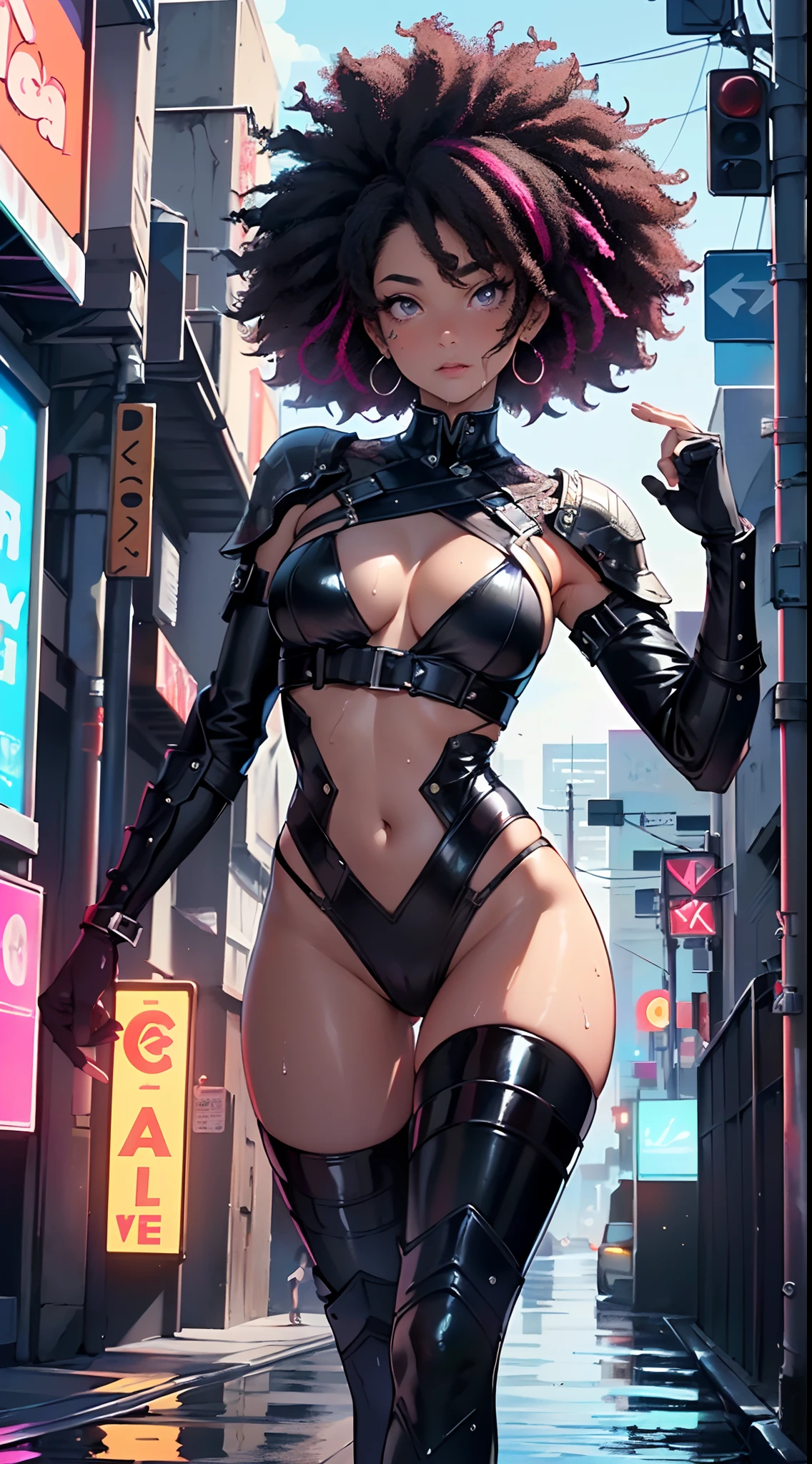 girl spacepunk,(((1girl))),((cute and beautiful afro haired girl)),((((black race)))),

(large breasts:1.4),saggy breasts,((((black afro hair:1.35,((afro hair:1.35)),afrohair,afro:1.35,dark hair,black hair,)))),medium hair, red:1.5,(((rainbow_eyes:1.3))),intricate eyes,beautiful detailed eyes,symmetrical eyes,((fat)),((((tan,dark skin,black skin:1.35,dark-skinned_female,dark skin:1.3,ebony skin,lustrous skin:1.5,bright skin: 1.5,shiny skin,very shiny skin,shiny body,illuminated skin,wet legs)))),(spider lower abdomen,narrow waist,wide hip,athletic body,inflated legs,delicate detailed fingers),(((detailed face))),

cute,slutty,sensual,seductive look,seductive,erotic,enchanting,((nsfw)),

zettai ryouiki,revealing clothing,show skin,(wearing a mechanical space body armor:1.3,micro armor bikini,bare legs,an armored arm),(((wet clothes,intricate outfit,intricate clothes))),

(dynamic pose:1.0),solo focus,embarrassed,(centered,scale to fit dimensions,Rule of thirds),

cyberpunk city by the ocean at night, with bright neon signs and dark stormy clouds and puddles, scenery:1.25,

artistic photography,(photography taken by sldr),highres, sharp focus, (ultra detailed, extremely detailed), (photorealistic artwork:1.37),(extremely detailed CG unity 8k wallpaper),((synthwave background theme)),(((vibrant colors))),(intricate background),(masterpiece),(best quality),