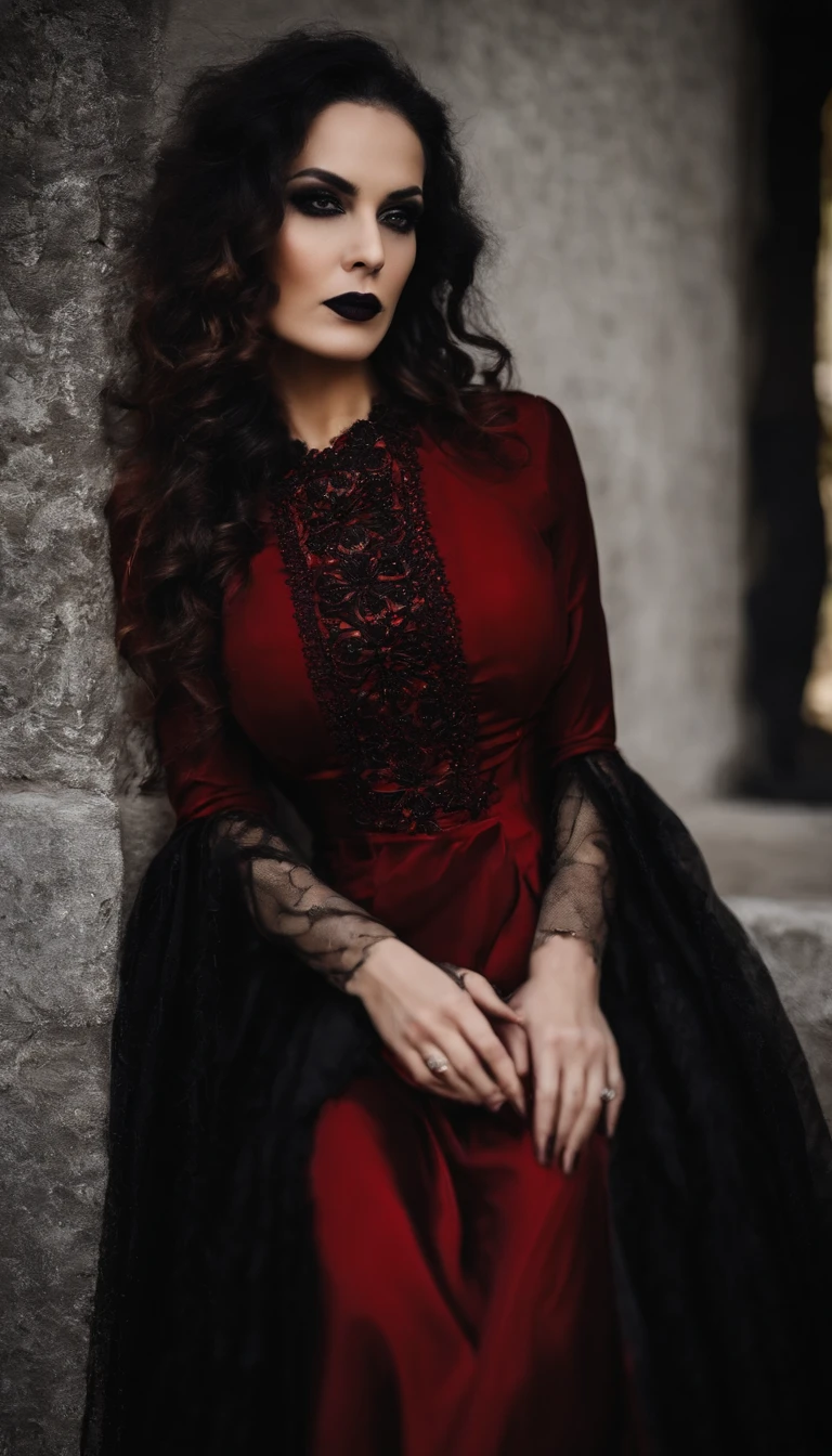 Tem uma mulher loira, cabelo curto em um espartilho vermelho e vestido preto tirando uma selfie, usando espartilho, espartilho muito apertado, Gothic attire, com uma saia vermelha, espartilho, 60 - year - old goth woman, roupa muito sexy, wearing a gothic dress, traje vermelho e preto!!!, traje de fantasia, muito sexy diabo roupa, roupa sexy, High quality video, corpo inteiro, botas pretas