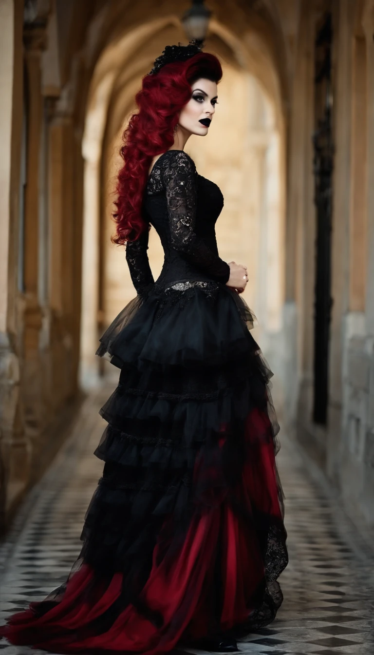 Tem uma mulher loira, cabelo curto em um espartilho vermelho e vestido preto tirando uma selfie, usando espartilho, espartilho muito apertado, Gothic attire, com uma saia vermelha, espartilho, 60 - year - old goth woman, roupa muito sexy, wearing a gothic dress, traje vermelho e preto!!!, traje de fantasia, muito sexy diabo roupa, roupa sexy, High quality video, corpo inteiro, botas pretas