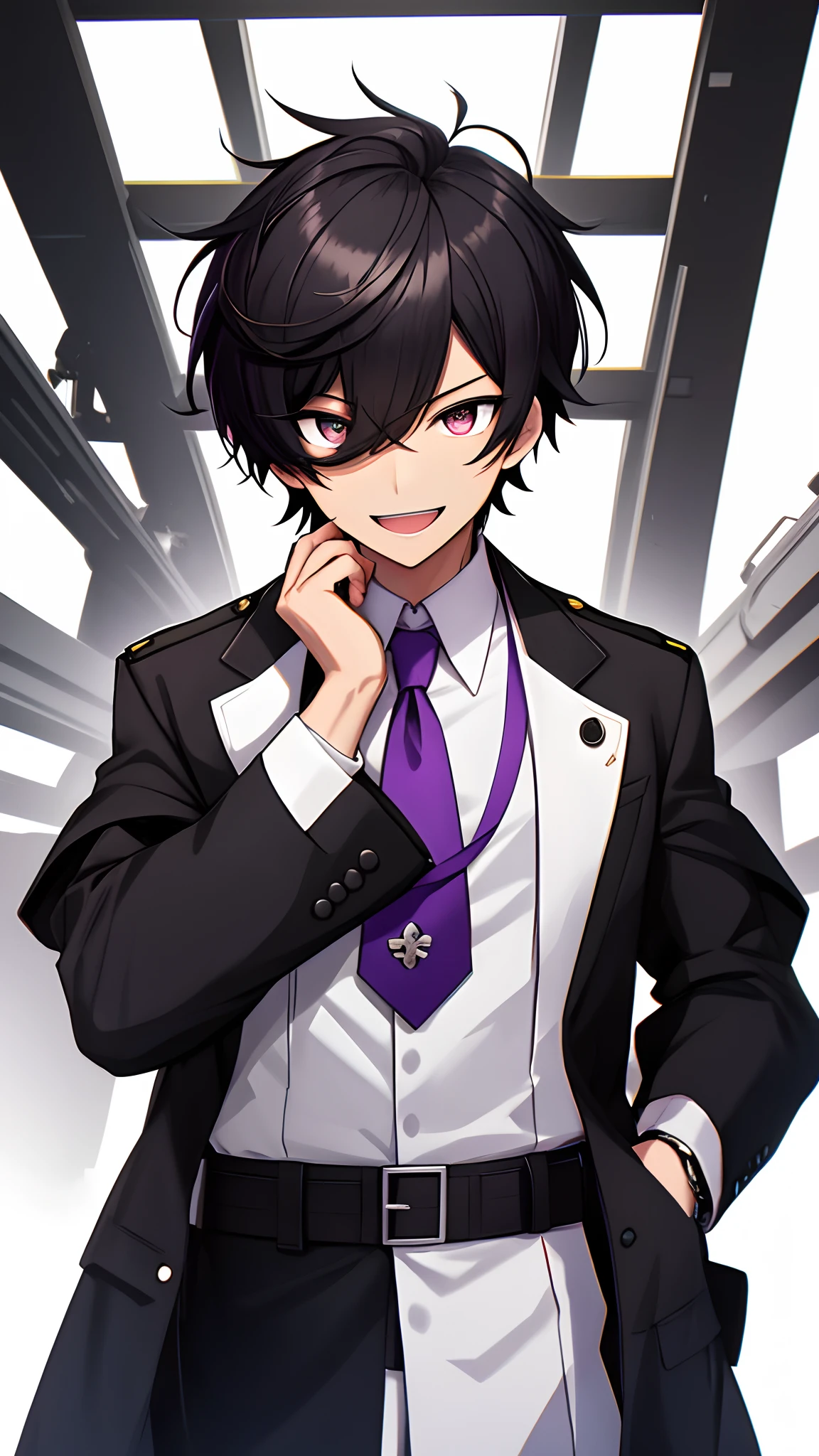 concept-art、Looking at Viewer, simple background、White background, One Man Man, Open mouth, Smile, Virtual Youtuber、((man))、((Best Quality, high_resolution, Distinct_image)),(Black hair), (absurdly short hair), , (Eyes are purple),、A smile、View Viewer。military outfits。Monocle attached。Background white。Wearing a tie。With a gun。