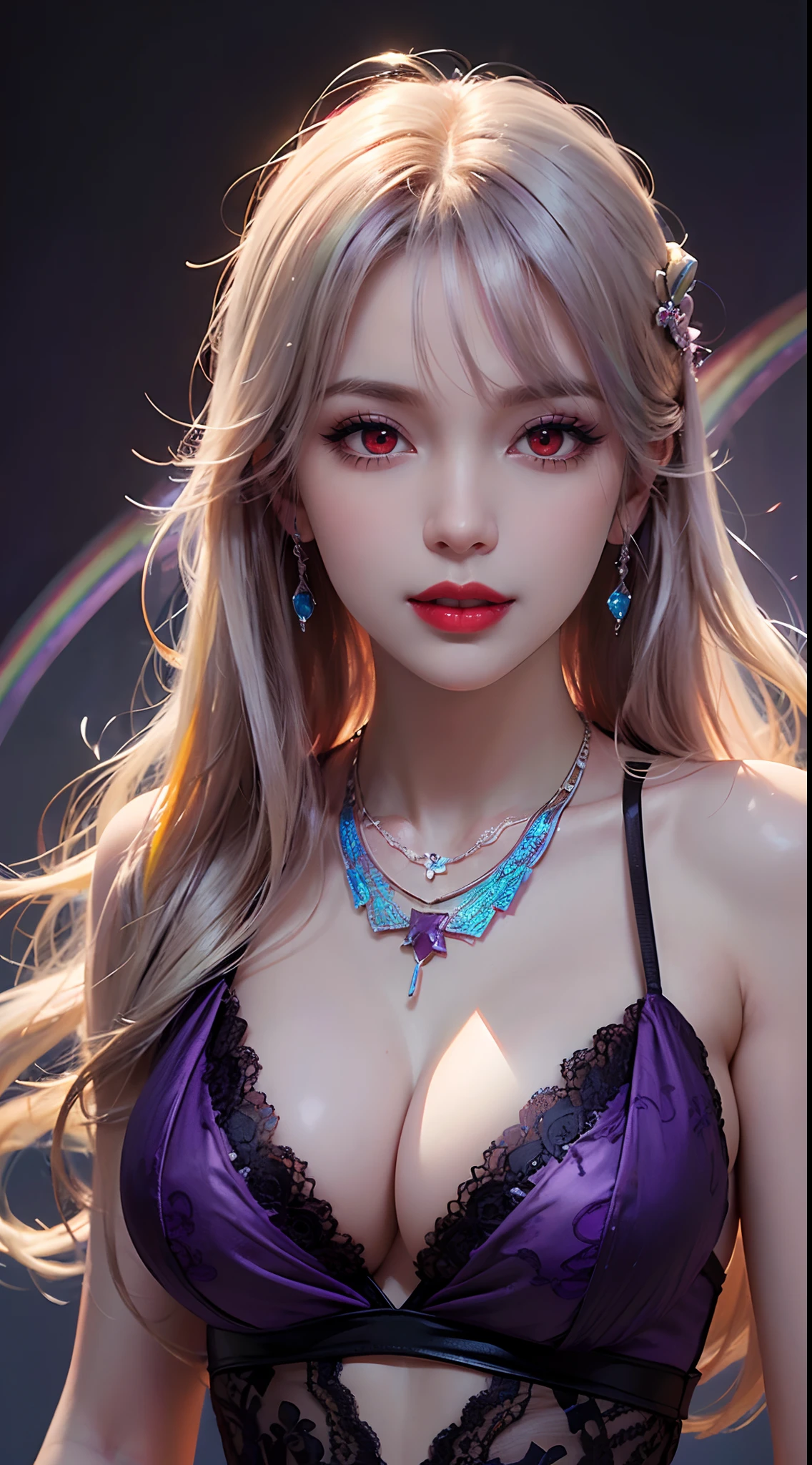 A beautiful and sexy 20 year old girl, wearing a super thin red dress, ((long hair dyed rainbow colors:1.6)), bangs, the most detailed jewelry and beautiful hair, ((wears purple lace necklace:1.6) )), Super cute small face, very pretty face, thin eyebrows, flawless beautiful face, ((black eye pupil: 0.8)), very beautiful eyes, ((red eyes pale:1.5)), beautiful makeup and detailed eyelashes, steamy eye makeup, high nose, earrings, red lips, ((closed mouth:1;5 )) beautiful lips, slim hands, most beautiful thighs, ((arms spread out to the sides: 1.5)), rosy face, clean face, flawless beautiful face, smooth white skin, (big breasts: 1.5)), ((high breasts: 1.6)), Breasts plump, beautiful cleavage, ((big and super round breasts: 1.8))), ((super tight breasts: 1.5)), beautiful breasts, back arms, beautiful girl's upper body, 8k photo, quality super high, hyper realistic, 10x super pixel, photorealistic, dark studio, light edges, two-tone bright, (high detail skin:1.2), super 8k, soft light, high quality, lighting volumetric, realistic, Photo, high resolution, light, best photo, 4k, 8k quality, blur effect, Smooth and sharp, 10 x pixels, (galaxy: 1.7), aurora, lightning, surreal graphics, most realistic graphics, alone, solo, Extremely sharp, surreal images, (((frontal portrait:1.3)))."
