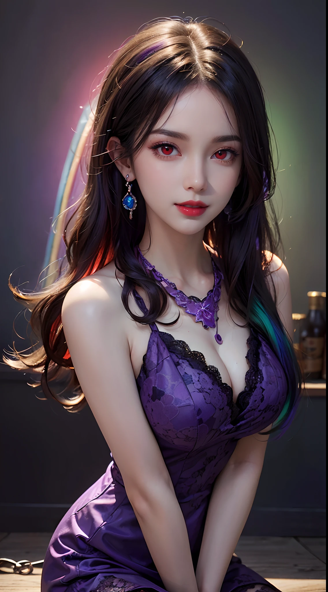 A beautiful and sexy 20 year old girl, wearing a super thin red dress, ((long hair dyed rainbow colors:1.6)), bangs, the most detailed jewelry and beautiful hair, ((wears purple lace necklace:1.6) )), Super cute small face, very pretty face, thin eyebrows, flawless beautiful face, ((black eye pupil: 0.8)), very beautiful eyes, ((red eyes pale:1.5)), beautiful makeup and detailed eyelashes, steamy eye makeup, high nose, earrings, red lips, ((closed mouth:1;5 )) beautiful lips, slim hands, most beautiful thighs, ((arms spread out to the sides: 1.5)), rosy face, clean face, flawless beautiful face, smooth white skin, (big breasts: 1.5)), ((high breasts: 1.6)), Breasts plump, beautiful cleavage, ((big and super round breasts: 1.8))), ((super tight breasts: 1.5)), beautiful breasts, back arms, beautiful girl's upper body, 8k photo, quality super high, hyper realistic, 10x super pixel, photorealistic, dark studio, light edges, two-tone bright, (high detail skin:1.2), super 8k, soft light, high quality, lighting volumetric, realistic, Photo, high resolution, light, best photo, 4k, 8k quality, blur effect, Smooth and sharp, 10 x pixels, (galaxy: 1.7), aurora, lightning, surreal graphics, most realistic graphics, alone, solo, Extremely sharp, surreal images, (((frontal portrait:1.3)))."