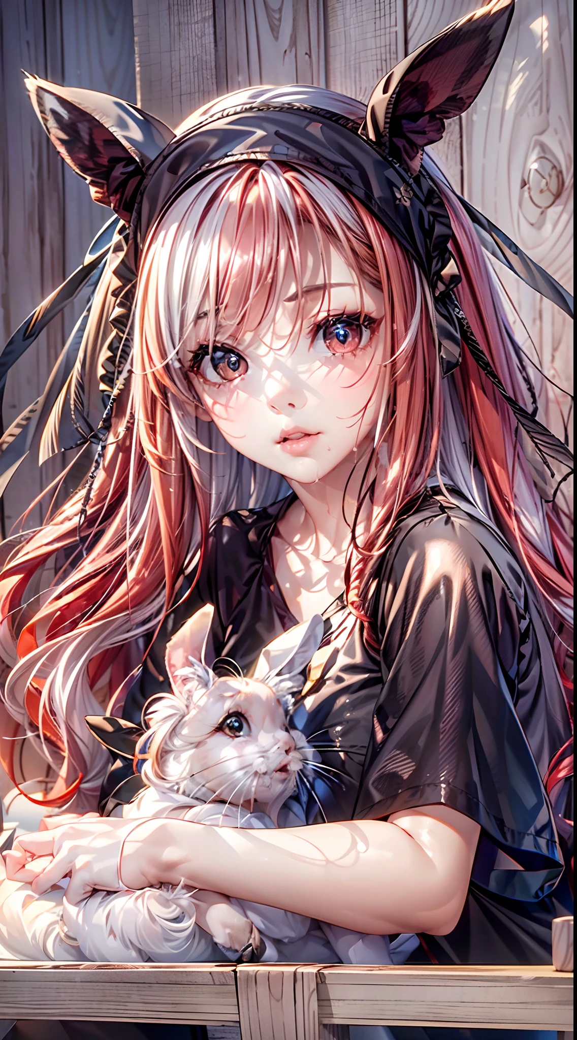 (Best quality,16k wallpaper,high resolution:1.2),Red to silver hair, wavy and long hair, Shiny hair color, Perfectly detailed face, full pouty lips, watery big eyes, Vertical pupils, reflective light, Woman with rabbit ears, Black and white shirt, Lazily lying in a solid wooden box, Soft lighting, full body shot of