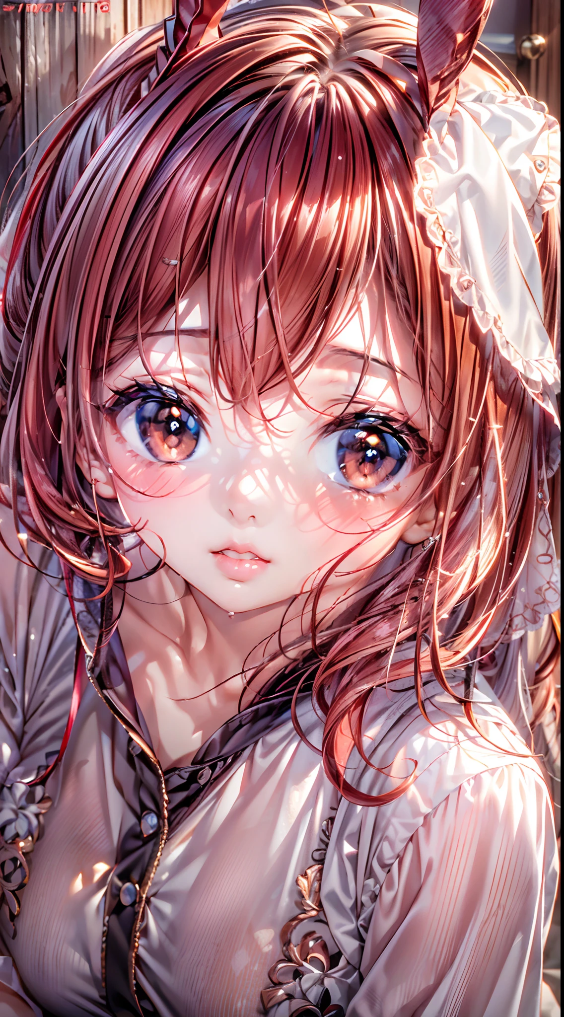 (Best quality,16k wallpaper,high resolution:1.2),Red to silver hair, wavy and long hair, Shiny hair color, Perfectly detailed face, full pouty lips, watery big eyes, Vertical pupils, reflective light, Woman with rabbit ears, Black and white shirt, Lazily lying in a solid wooden box, Soft lighting, full body shot of
