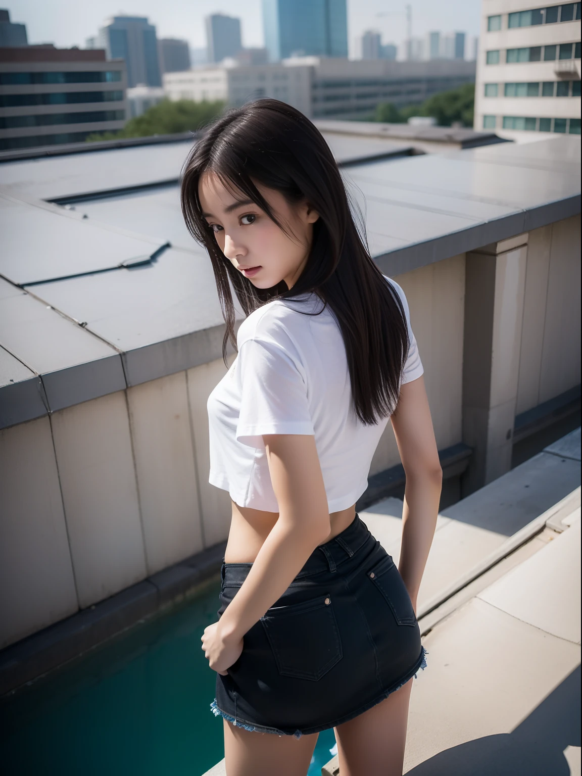 年轻，(a miniskirt)，tshirts，teens girl，Delicate body，petite body，Delicate body，small tits，tiny chest，Short，A dark-haired，Very Longhair，playing in the water，On the roof of a building，Looking back