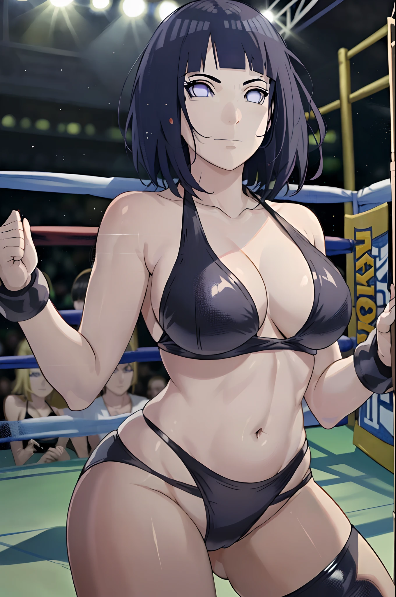 (ultra detailed body, ultra detailed face), solo, anime style, hires ((pro wrestling arena, pro wrestling match, crowd watching)), (hinata\(boruto\), (female wrestler), (slender body), mature woman, milf, (black bikini, ultra detailed pro wrestling gear), victorious, gorgeous, winner, serious face, smile, closed mouth, (pale skin, shiny skin, lighting and shadow), (dark blue hair color:1.1), wavy hair, ((short hair, hime cut, floating hair), big breasts, (fighting stance), long belly, closed fists, seductive, (perfect eyes, white sciera, bright eyes, white eyes, anime eyes, looking at the viewer, kind look)