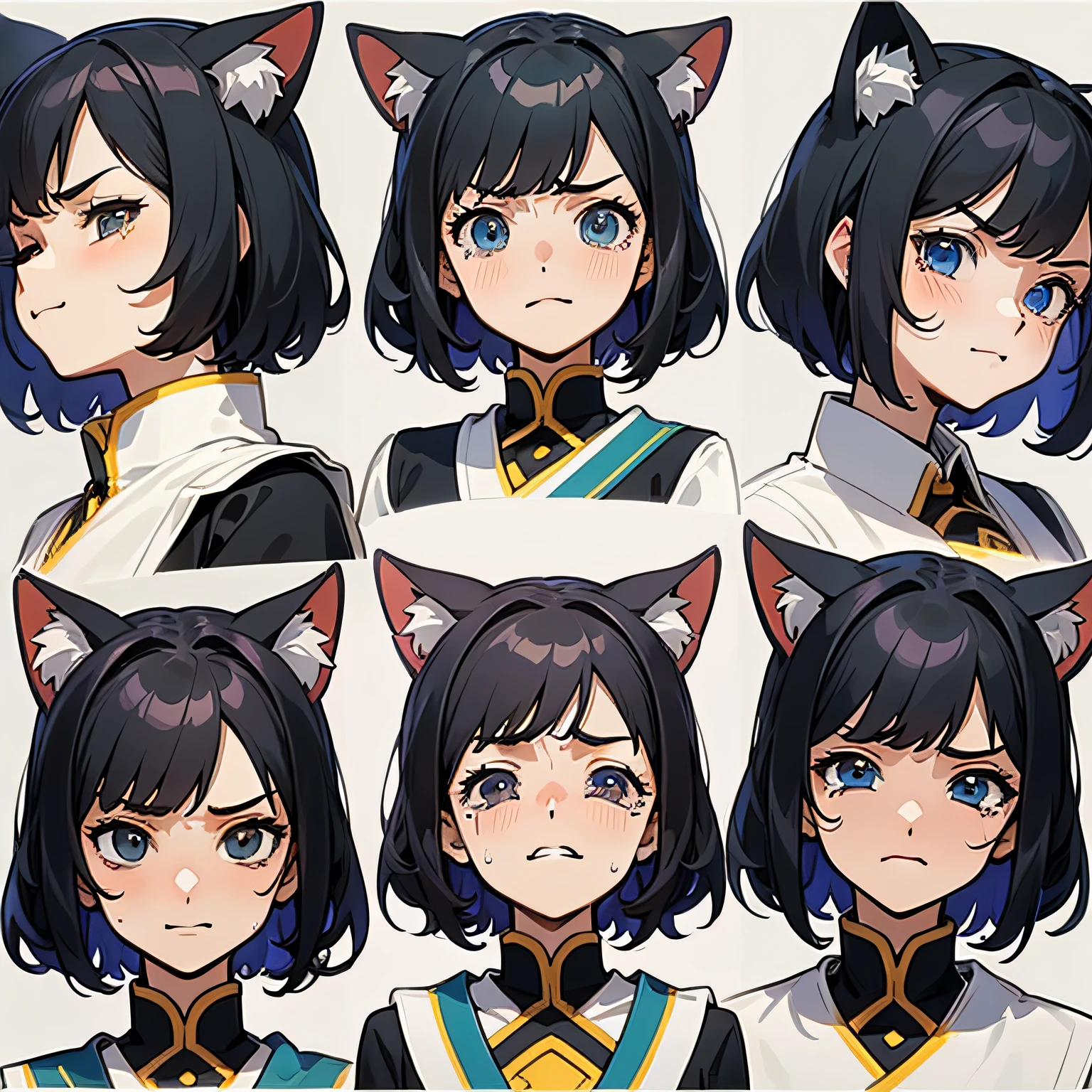 ((Oblablima)), ((HighestQuali)), (CharacterDesignSheet, Same character, Front, profile, A sole), Portrait above the neck, Scene of facial expression change, (Facial expression mode, Eyes closed, Bored expression, Anxious face, Serious expression, Smile, Crying face, lament, with her mouth open) illustration, 1 girl, Hair color, bangs, hairstyle fax, Eyes, hairstyle fax, Pose Jitai, Ladies, komono, Cat ears, Black hair, Short hair, (Simple background, White background: 1.3)