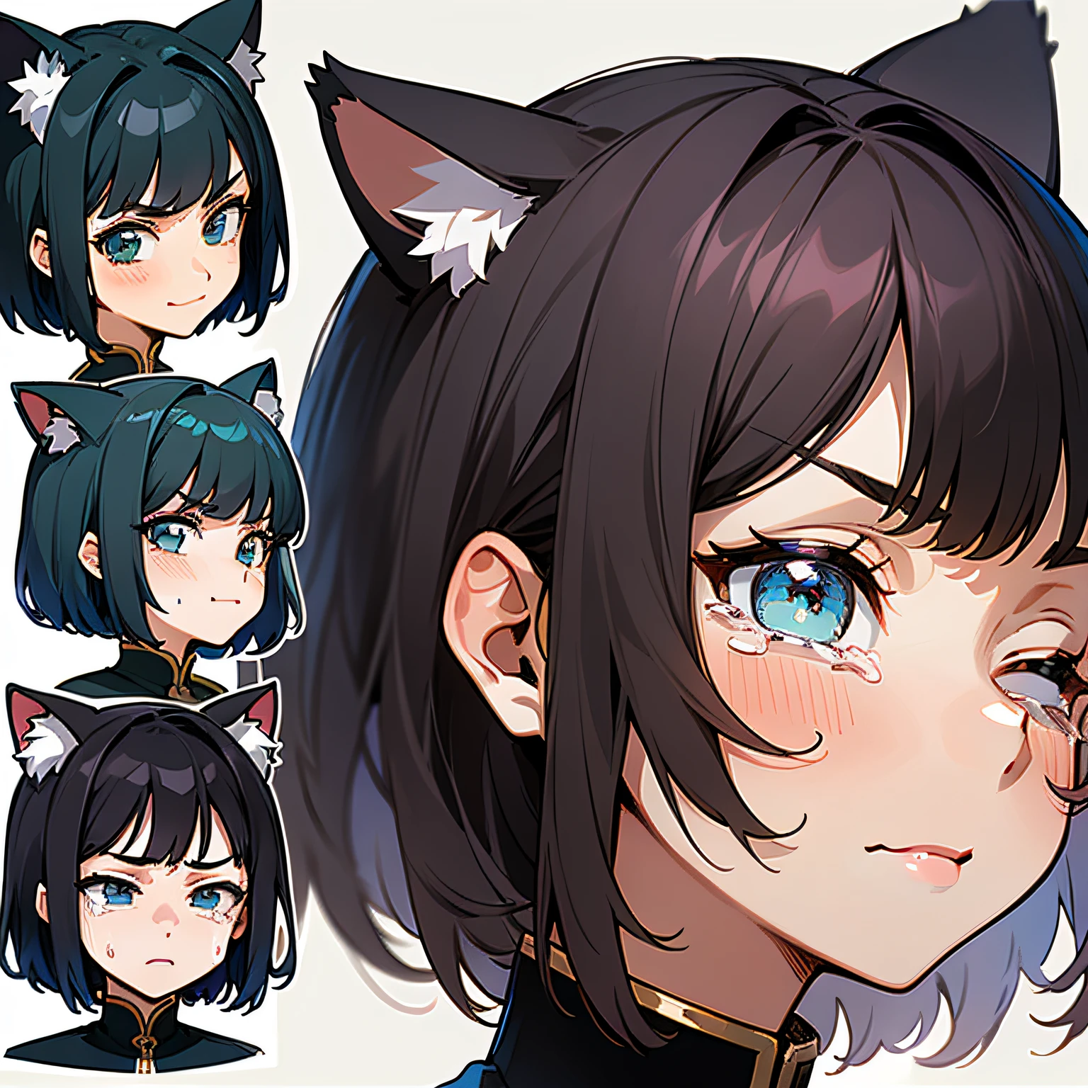((Oblablima)), ((HighestQuali)), (CharacterDesignSheet, Same character, Front, profile, A sole), Portrait above the neck, Scene of facial expression change, (Facial expression mode, Eyes closed, Bored expression, Anxious face, Serious expression, Smile, Crying face, lament, with her mouth open) illustration, 1 girl, Hair color, bangs, hairstyle fax, Eyes, hairstyle fax, Pose Jitai, Ladies, komono, Cat ears, Black hair, Short hair, (Simple background, White background: 1.3)