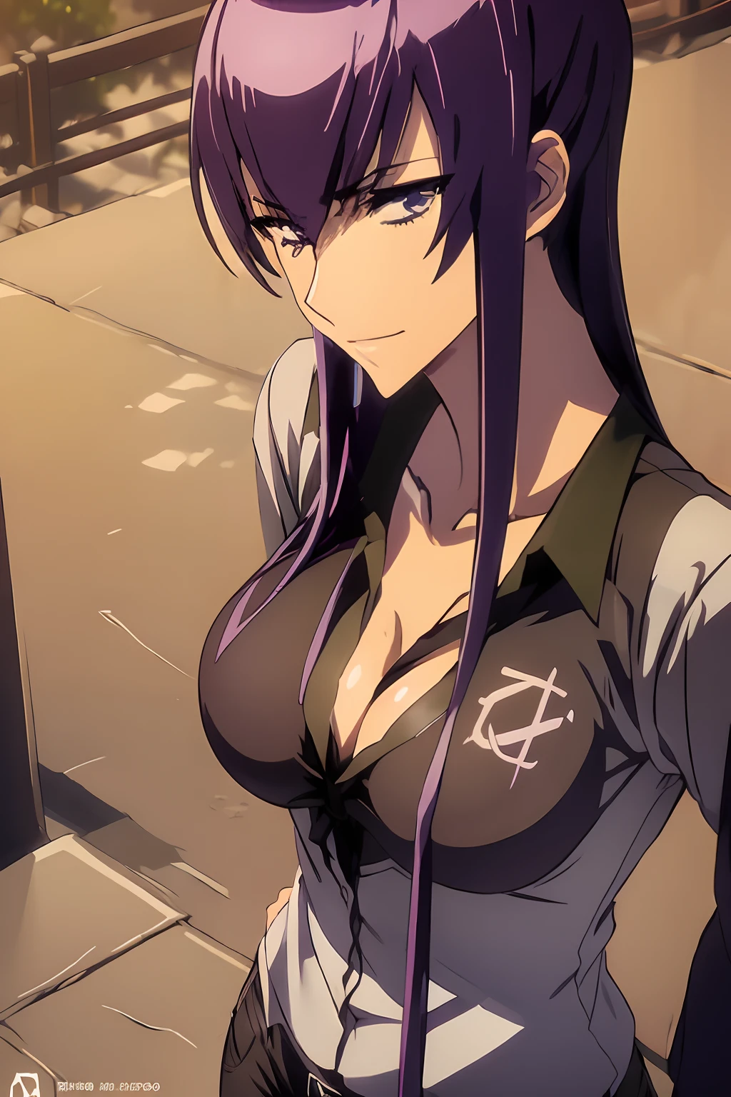 Saeko Busujima, ropa formal, pantalon de mezclilla, Camisa negra con logo de Linkin Park, Meteora, cielo, plaza, edificios, mirando al espectador,
