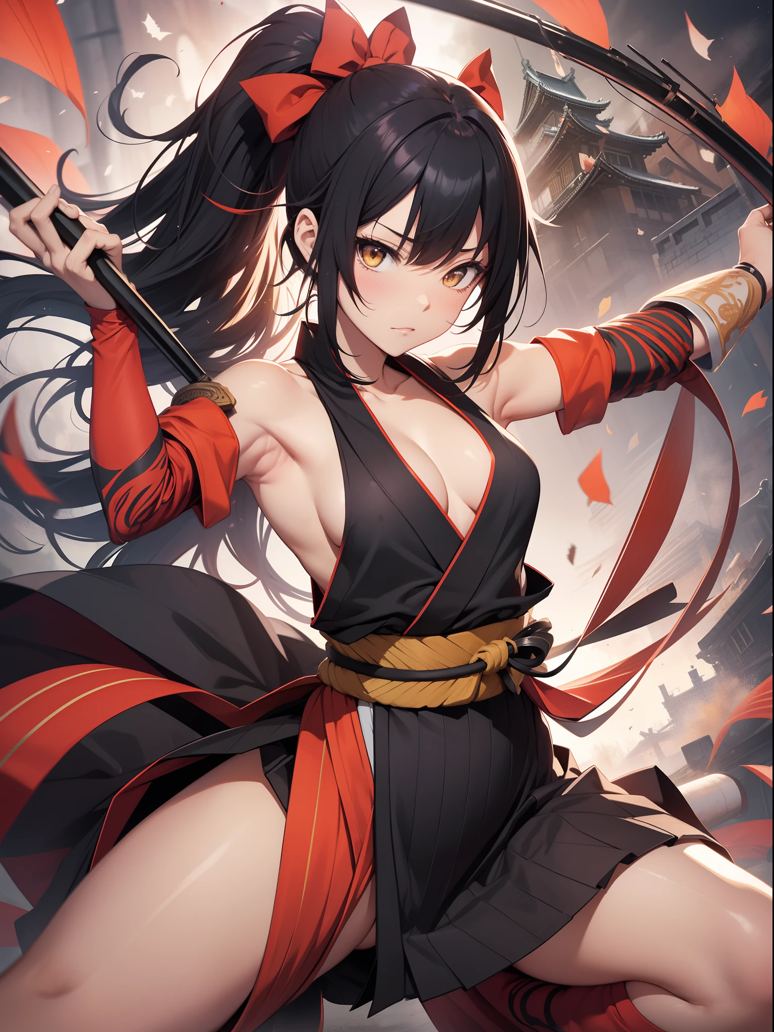 (masutepiece, Best Quality),Bat Ujutsu Swing, (Hug Wie Peng:1.3),Fighting stance,1girl in, battoujutsu stance, Spread legs, Samurai, Juhetang, Cowboy Shot, Looking at Viewer,Break Girl, komono, Black Hakama, Black hair, High Ponytail, Long hair, Yellow eyes, medium breasts, chest sarashi,Break Background, Edo , castle