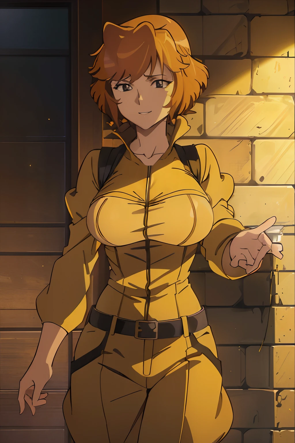 best quality, masterpiece, upper body, absurdres, (((april o'neil1.7))), 1girl, short brown hair, black eyes, upper body, (((yellow jumpsuit1.6))), sleeves rolled up, white belt highschoolofthedead, smile, huge breasts