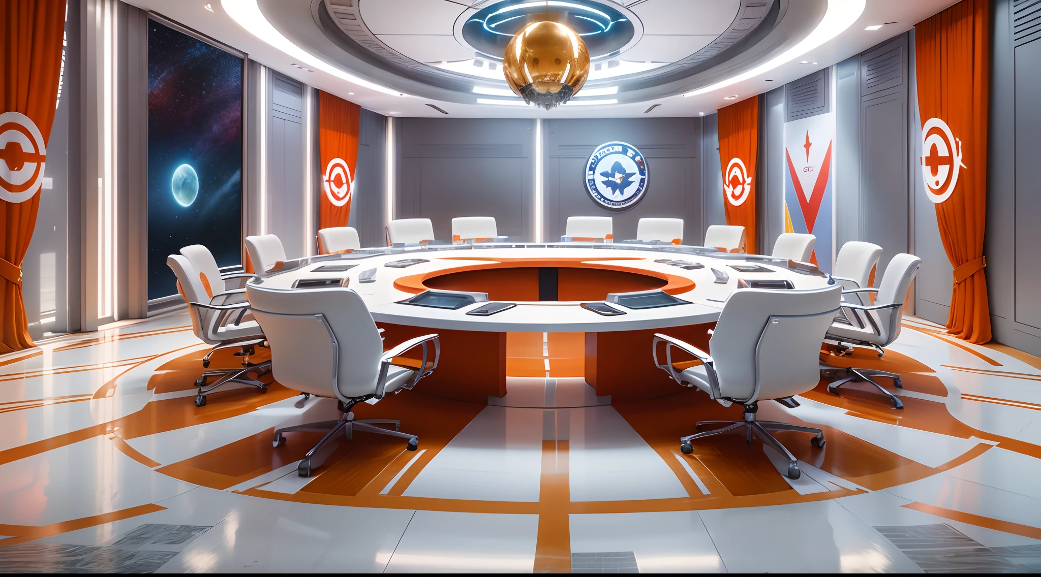 Futuristic meeting room decorated with UN flag and emblem, red flags, Space style, Space age, Sci-fi, meeting room,round tables