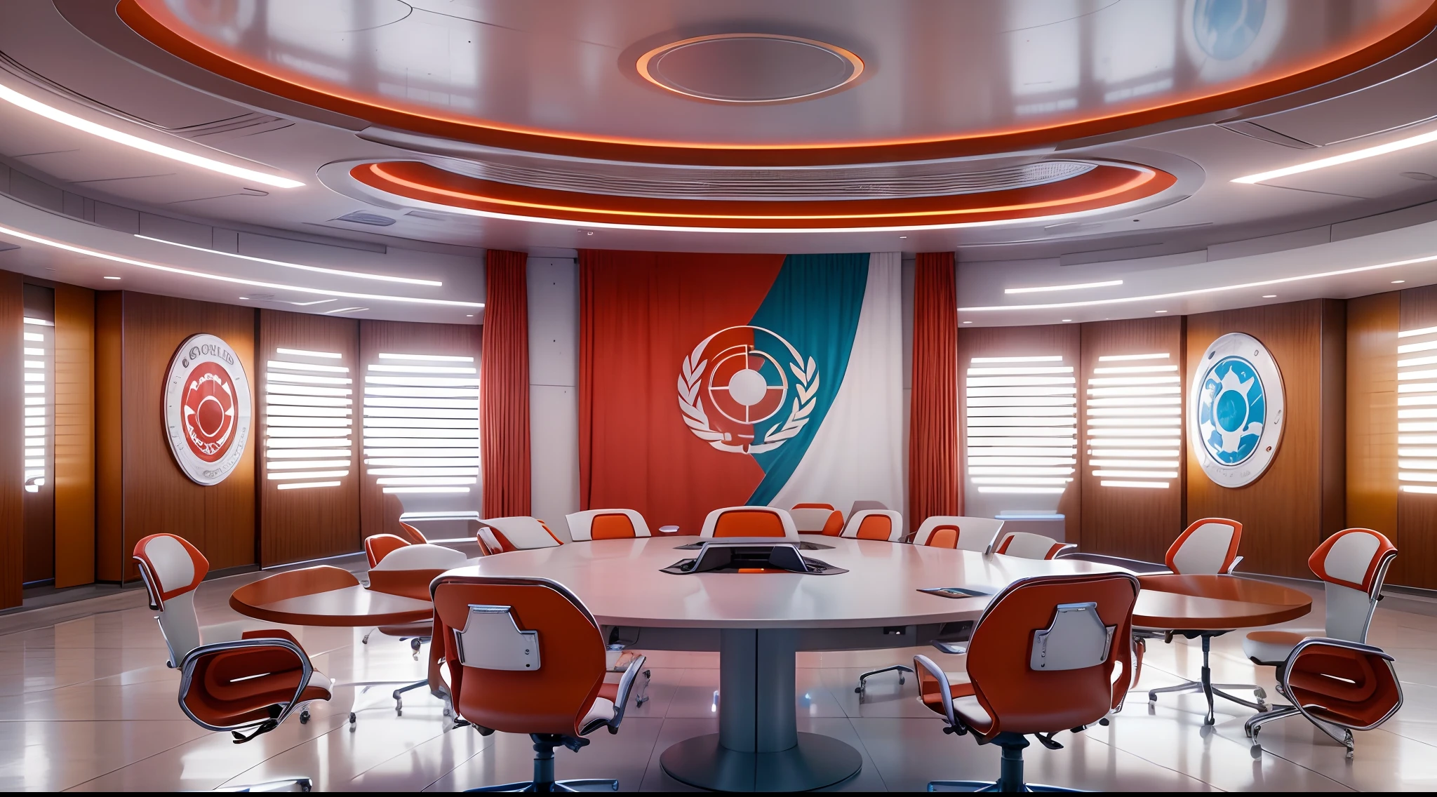 Futuristic meeting room decorated with UN flag and emblem, red flags, Space style, Space age, Sci-fi, meeting room，round tables