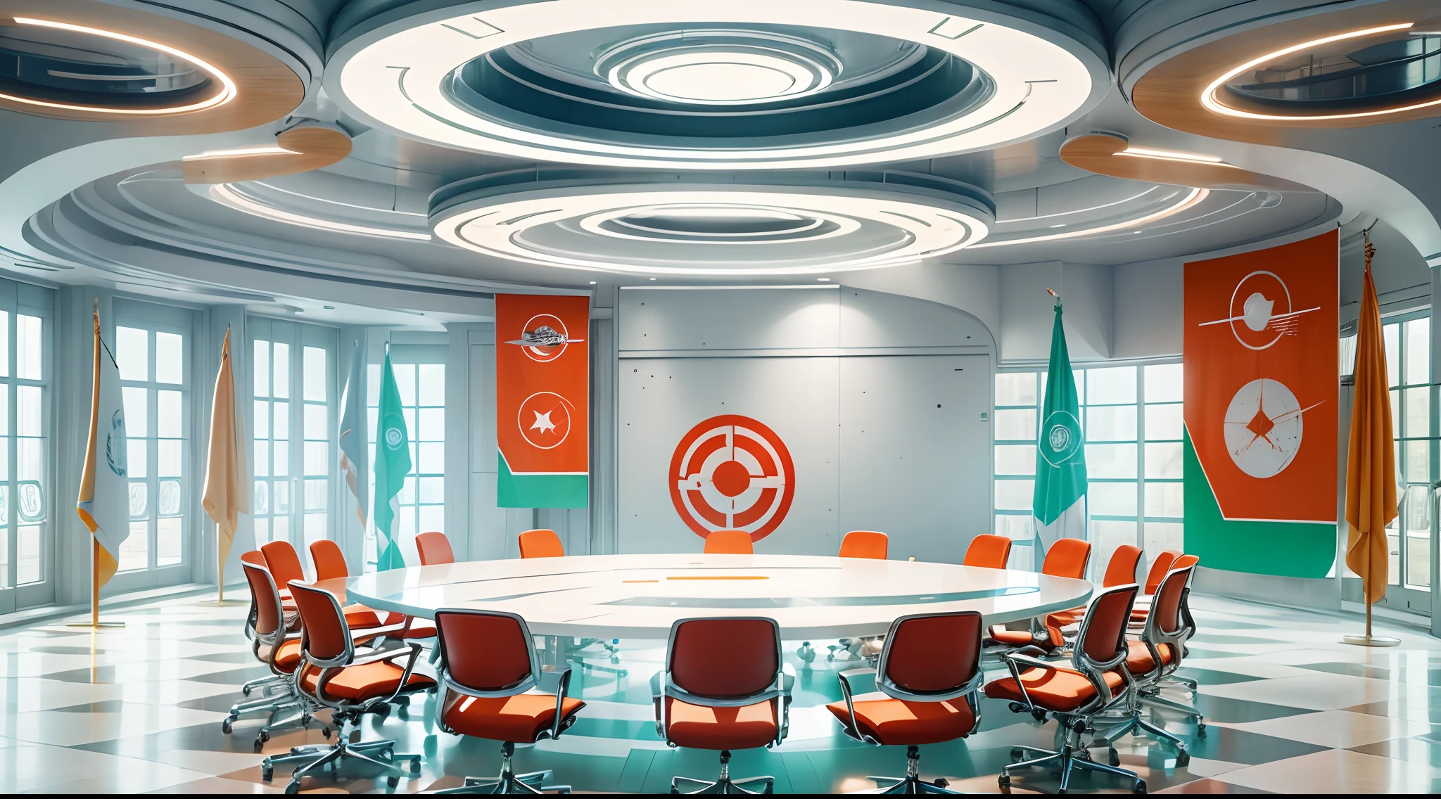 Futuristic meeting room decorated with UN flag and emblem, red flags, Space style, Space age, Sci-fi, meeting room，round tables