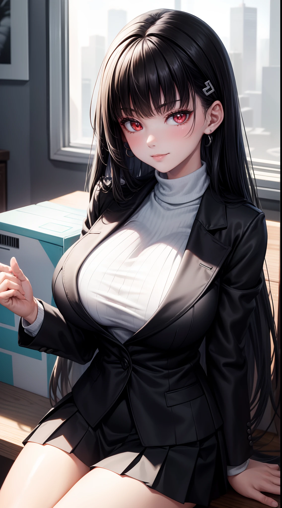 8k, highres, ultra detailed, (masterpiece:1.4), best quality, symmetrical body, (Black blazer with white roll neck sweater underneath:1.4), (short black skirt:1.4), choker, cute, solo, earrings, long hair, black hair, red eyes, glow effect, finely eye, wide smile, detailed face, looking at viewer, smilling at viewer, in the office, sitting at desk, angled view, big breasts, seductive look