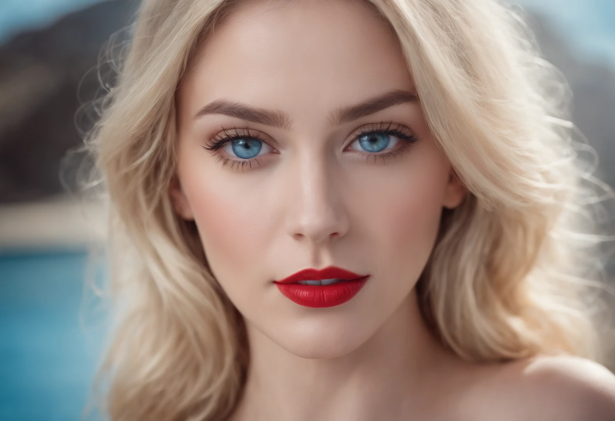 girl, close-up, blond, red lips, blue eyes, bikini