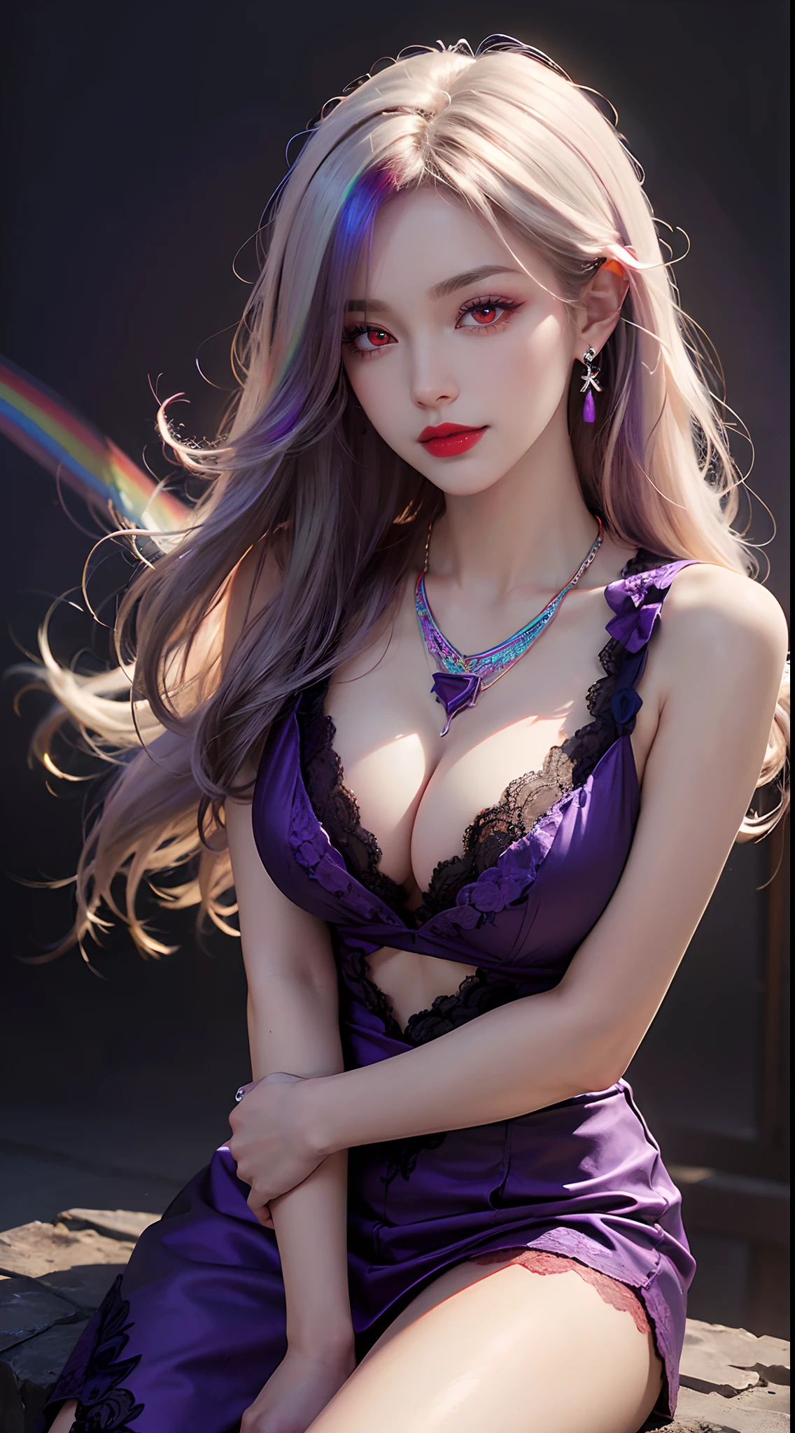 A beautiful and sexy 20 year old girl, wearing a super thin red dress, ((long hair dyed rainbow colors:1.6)), bangs, the most detailed jewelry and beautiful hair, ((wears purple lace necklace:1.6) )), Super cute small face, very pretty face, thin eyebrows, flawless beautiful face, ((black eye pupil: 0.8)), very beautiful eyes, ((red eyes pale:1.5)), beautiful makeup and detailed eyelashes, steamy eye makeup, high nose, earrings, red lips, ((closed mouth:1;5 )) beautiful lips, slim hands, most beautiful thighs, ((arms spread out to the sides: 1.5)), rosy face, clean face, flawless beautiful face, smooth white skin, (big breasts: 1.5)), ((high breasts: 1.6)), Breasts plump, beautiful cleavage, ((big and super round breasts: 1.8))), ((super tight breasts: 1.5)), beautiful breasts, back arms, beautiful girl's upper body, 8k photo, quality super high, hyper realistic, 10x super pixel, photorealistic, dark studio, light edges, two-tone bright, (high detail skin:1.2), super 8k, soft light, high quality, lighting volumetric, realistic, Photo, high resolution, light, best photo, 4k, 8k quality, blur effect, Smooth and sharp, 10 x pixels, (galaxy: 1.7), aurora, lightning, surreal graphics, most realistic graphics, alone, solo, Extremely sharp, surreal images, (((frontal portrait:1.3)))."