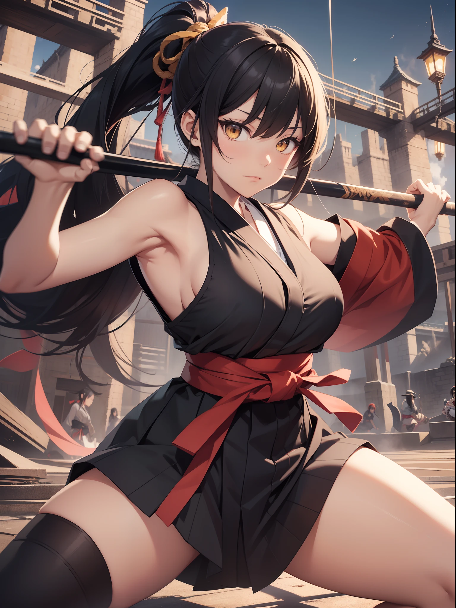 (masutepiece, Best Quality),Bat Ujutsu Swing, (Hug Wie Peng:1.3),Fighting stance,1girl in, battoujutsu stance, Spread legs, Samurai, Juhetang, Cowboy Shot, Looking at Viewer,Break Girl, komono, Black Hakama, Black hair, High Ponytail, Long hair, Yellow eyes, medium breasts, chest sarashi,Break Background, Edo , castle