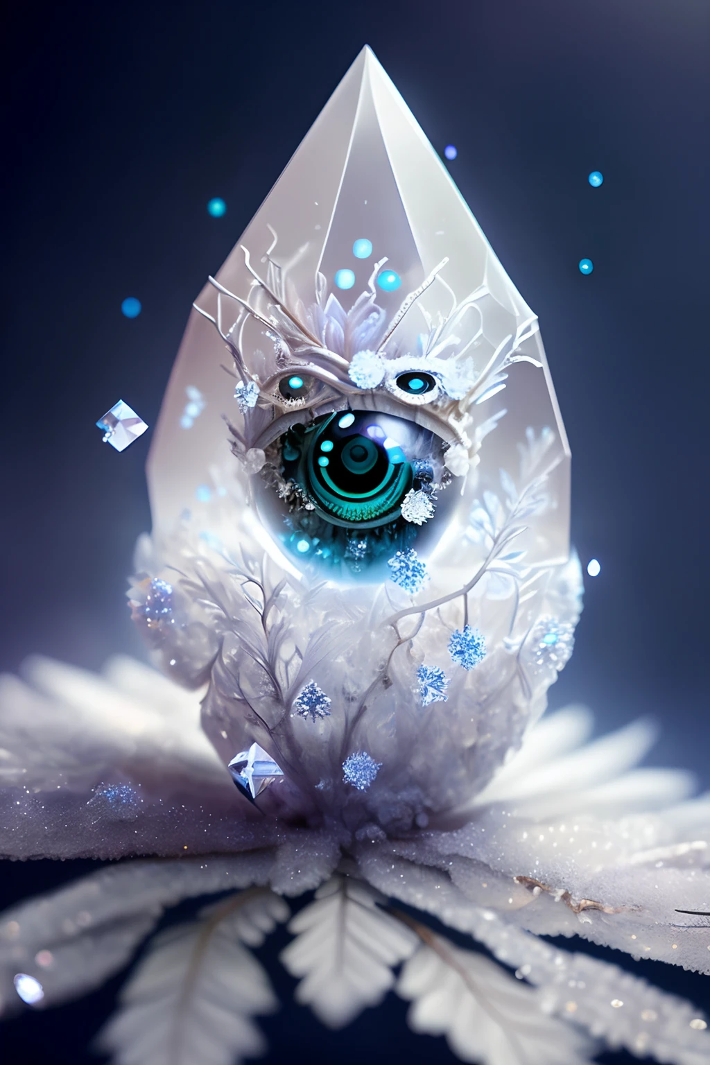 dreamlikeart levitating ice crystal of quartz, diamond,  misty, (((multiple eyes))), chromatic aberration,  insane details, intricate details, hyperdetailed, fluffy, realistic, photo, canon, dreamlike, art, colorfull leaves and branches with flowers on top of its head. hyperdetailed photorealism by greg rutkowski