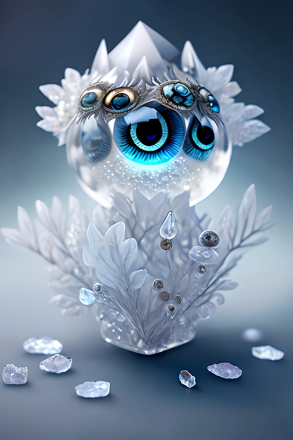 dreamlikeart levitating ice crystal of quartz, diamond,  misty, (((multiple eyes))), chromatic aberration,  insane details, intricate details, hyperdetailed, fluffy, realistic, photo, canon, dreamlike, art, colorfull leaves and branches with flowers on top of its head. hyperdetailed photorealism by greg rutkowski