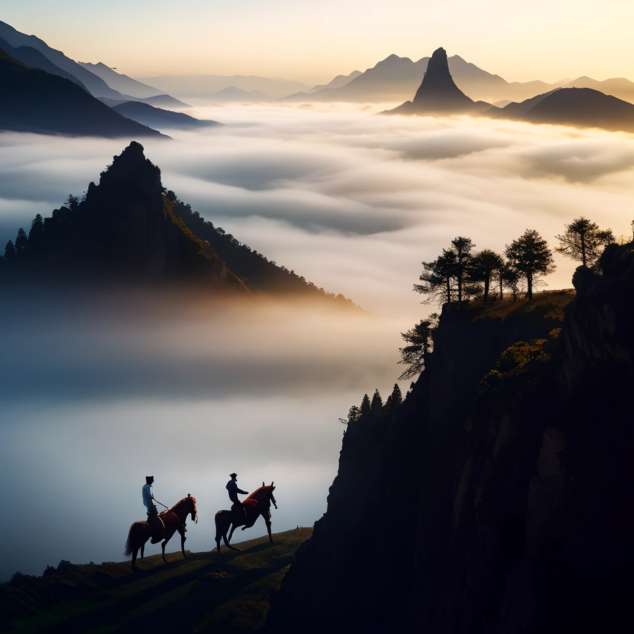 Two men on horseback on the cliff above the fog, misty mountains, Landscape wallpaper, amazing wallpapers, hd phone wallpaper, Chinese landscape, phone wallpaper hd, traveling through the mountains, scenery wallpaper, High quality wallpaper, the see horse valley, Beautiful wallpaper, Wallpaper background, author:Cheng Jiasui, wallpaper hd, Wuxia, hq 4k phone wallpaper