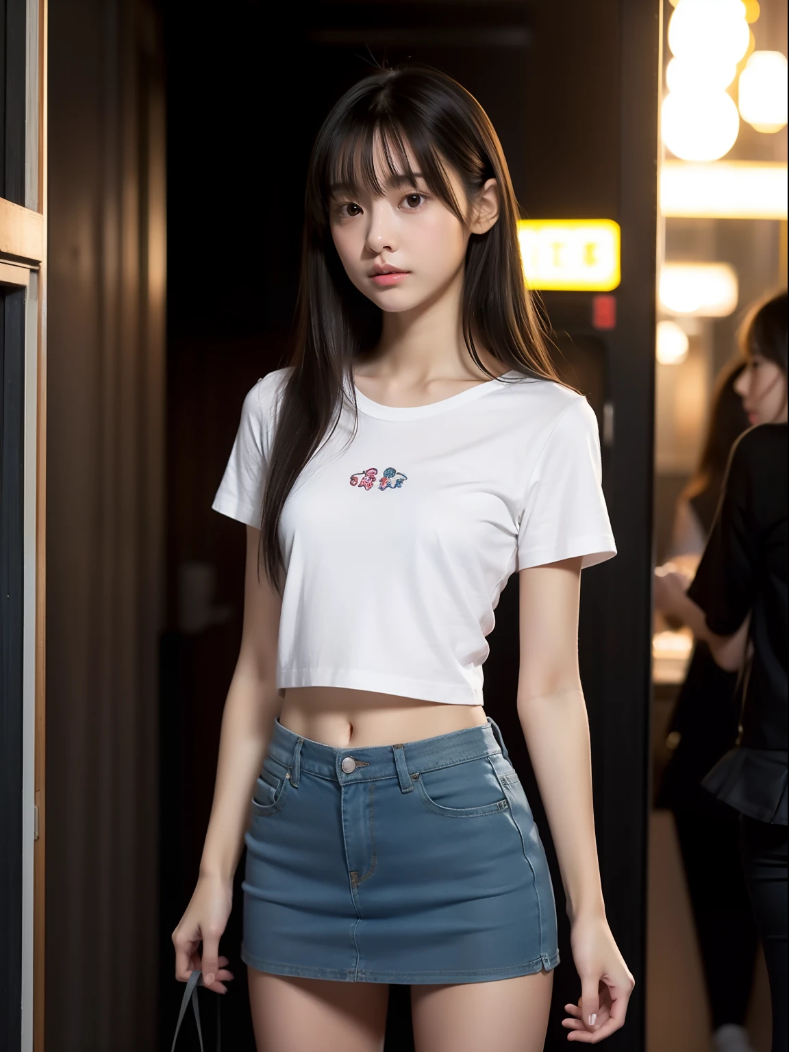 年轻，(a miniskirt)，tshirts，s girl，Delicate body，petite body，Delicate body，small tits，tiny chest，Short，A dark-haired，Very Longhair，arcade，looking back
