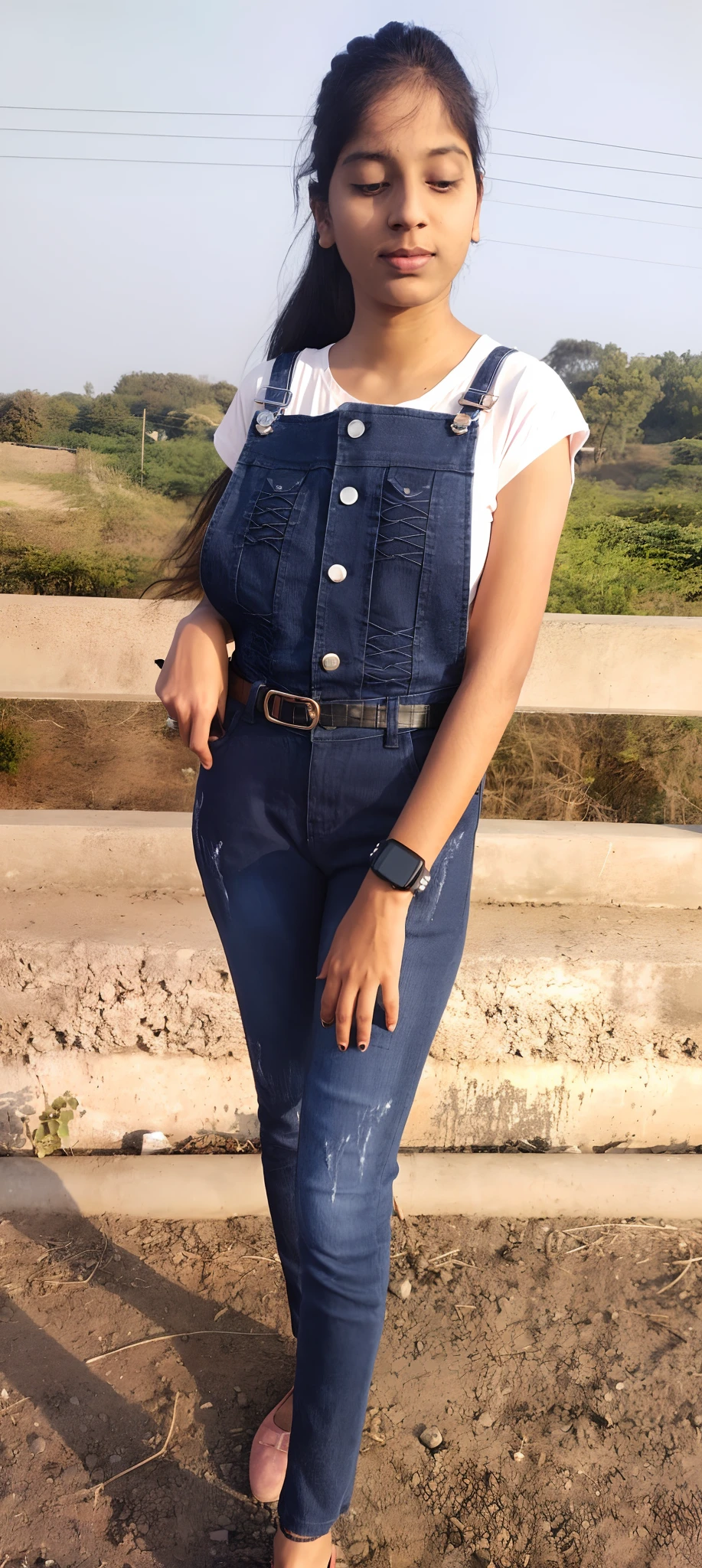 arafed woman in overalls standing on steps with her hands on her hips, full body photogenic shot, wearing blue jean overalls, wearing denim, outfit photo, full body picture, denim, wearing overalls, with a cool pose, outfit photograph, stylish pose, blue overalls, frontal pose, with hands in pockets, distant full body view, with lovely look