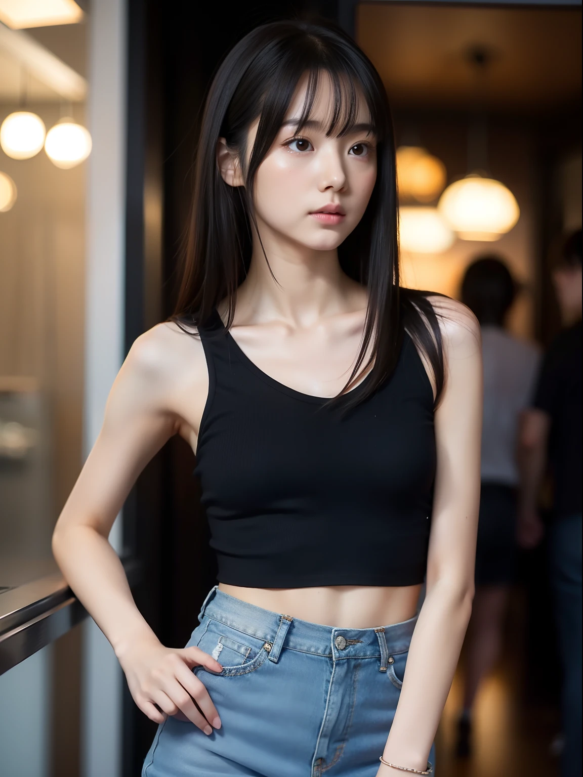 年轻,(a miniskirt),tshirts,s girl,Delicate body,petite body,Delicate body,small tits,tiny chest,Short,A dark-haired,Very Longhair,arcade,looking away