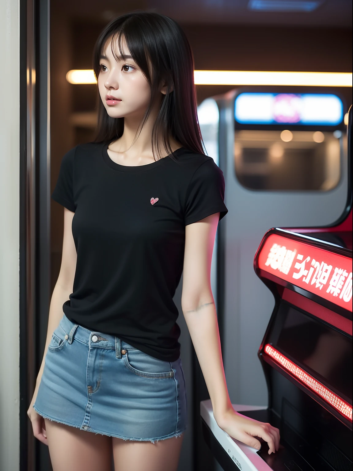 年轻，(a miniskirt)，tshirts，teens girl，Delicate body，petite body，Delicate body，small tits，tiny chest，Short，A dark-haired，Very Longhair，arcade，looking away