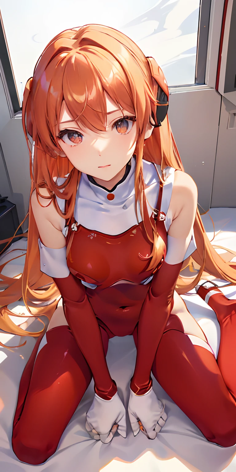 (Overhead view),dynamic ungle,ultra-detailliert, illustratio, a closeup, straight-on, 1girl in,
 ((Souryu Asuka Langley、Interface headset、red body suit:1.4、a blond))、Her eyes shone like dreamy stars(radiant eyes:1.233)、(beautifully detailed eyes:1.1)、(deadpan、a closed mouth)、(all-fours)、
(Mechanic's room with tools and spaceship window in white spaceship)、
(natta:1.2)、dream-like、[[Delicate fingers and hands:0.55]::0.85]、(detail finger)、