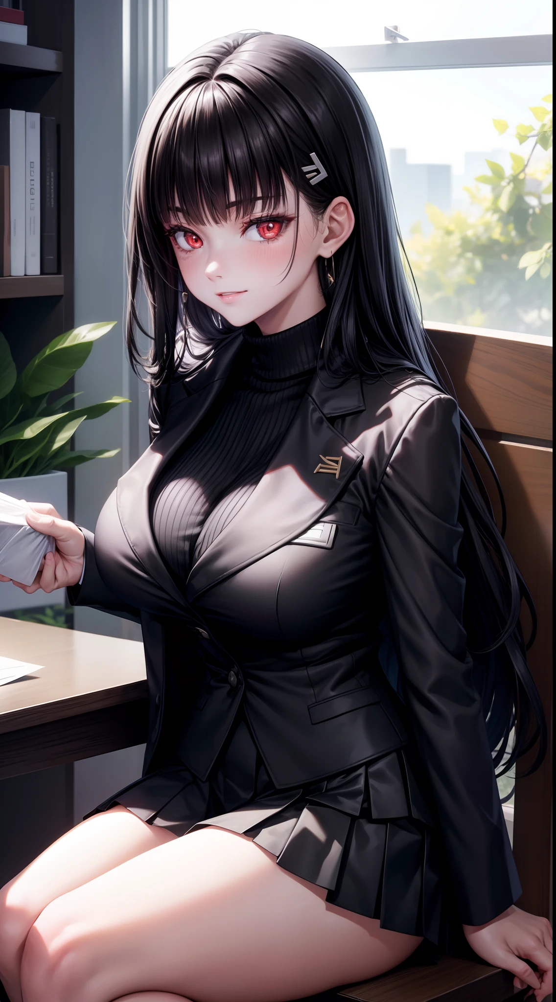 8k, highres, ultra detailed, (masterpiece:1.4), best quality, symmetrical body, (Black blazer with white roll neck sweater underneath:1.4), (short black skirt:1.4), stockings, choker, cute, solo, earrings, long hair, black hair, red eyes, glow effect, finely eye, wide smile, detailed face, looking at viewer, smilling at viewer, in the office, sitting at desk, angled view, big breasts, seductive look