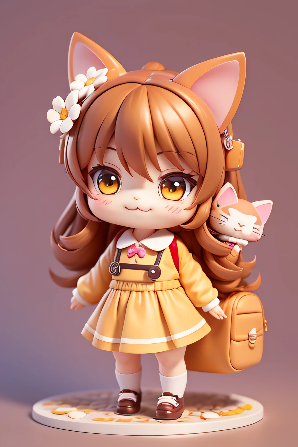 blind box toy style, anime character of a cat with a backpack and a flower in hair, school uniform, brown fur, full body, cute cat, kawaii cat, anime cat, smiling with open mouth, very beautiful, adorable digital painting, cute art style, chibi, (masterpiece), (best quality:1.4)