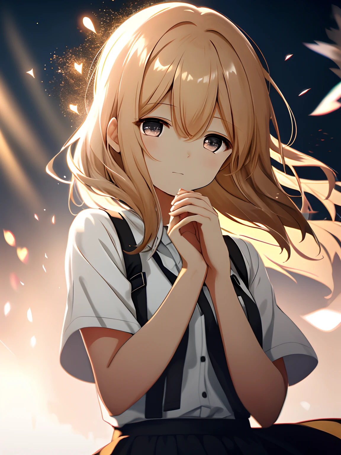 A girl, wearing a short-sleeved skirt, upper body, (expressionless: 1.1), (open eyes: 1.2), bright light, background bokeh, depth of field, blurred background, light particles, strong wind, (heart particles: 1.1)