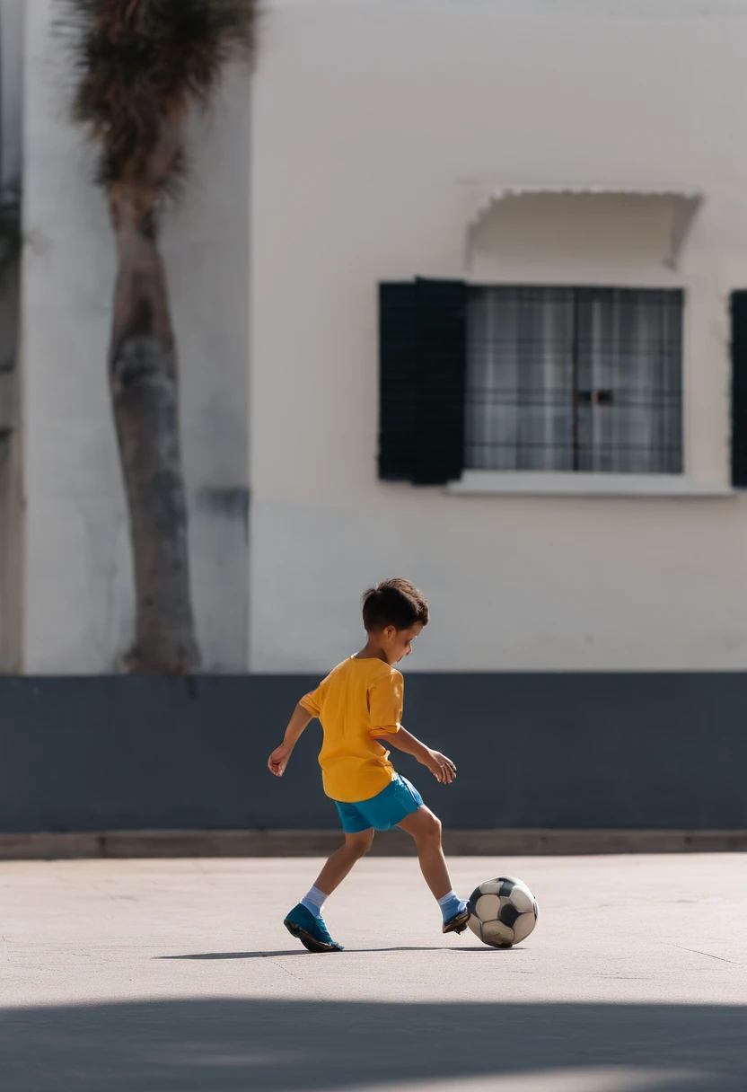 Children playing soccer on the street from home, rua tranquila e familiar