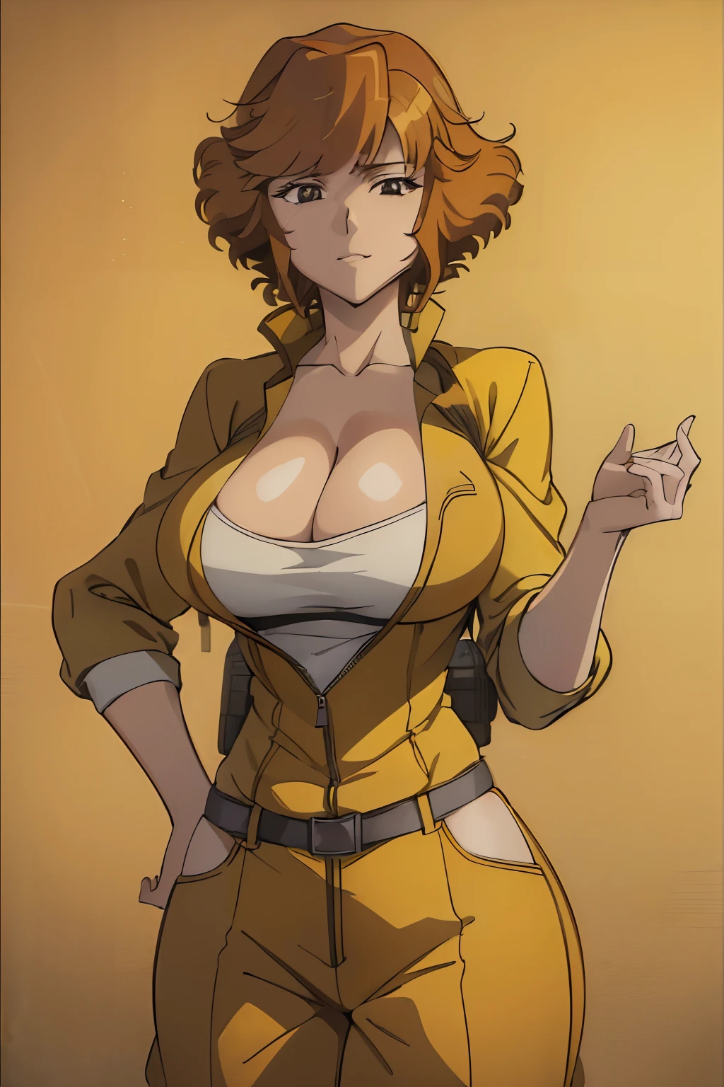 best quality, masterpiece, upper body, absurdres, (((april o'neil1.7))), 1girl, short brown hair, black eyes, upper body, (((yellow jumpsuit1.6))), sleeves rolled up, white belt highschoolofthedead, smile, huge breasts, cleavage, unzipped