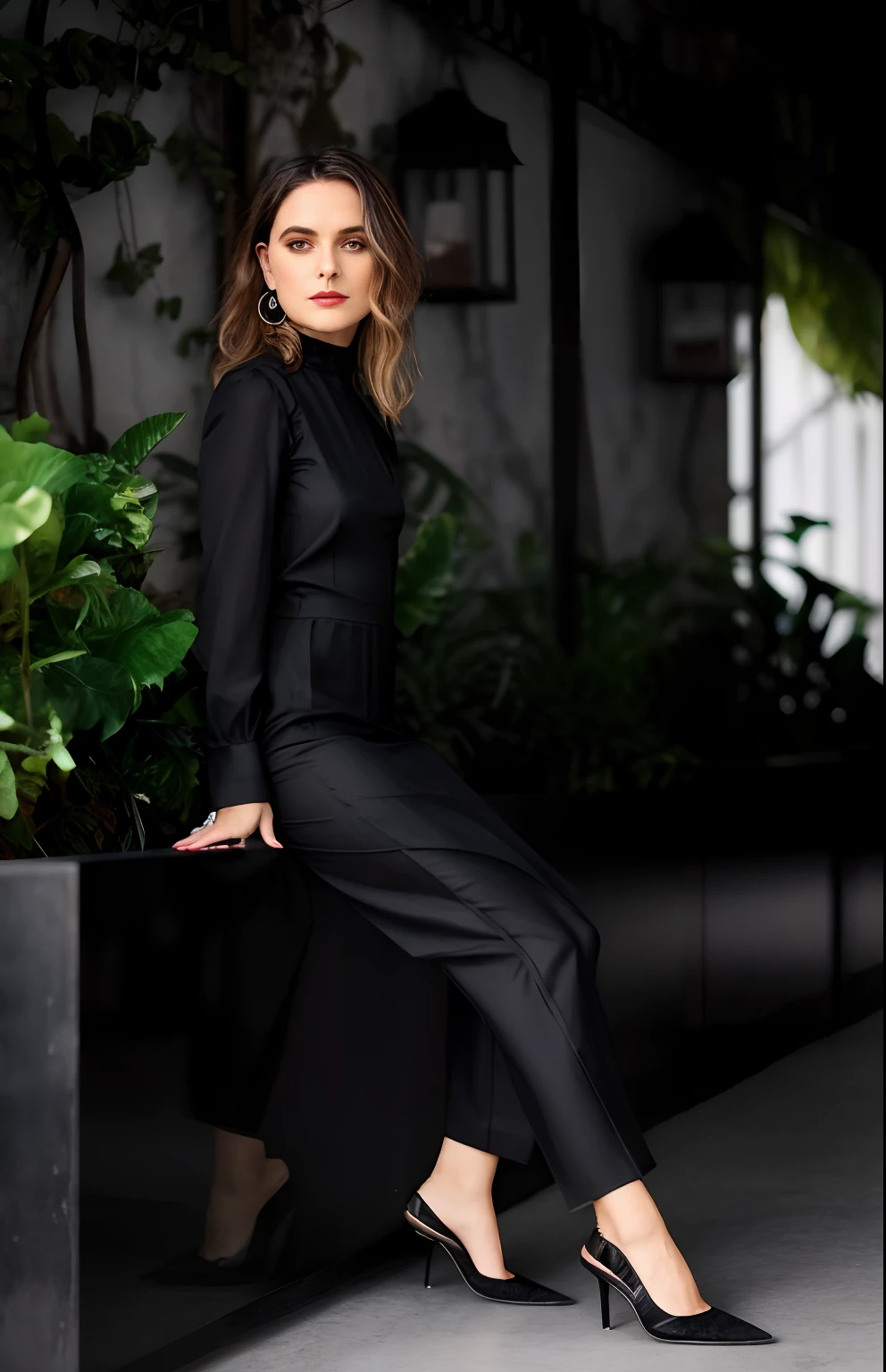 uma mulher sentada em um banco preto em um vestido preto, vestido todo de preto, comprimento de corpo inteiro, imagem de perfil, roupa preta, perfeitamente equilibrado, Directed by: Miroslava Sviridova, taken in the early 2020s, Directed by: Adam Saks, head to toe, Anja Millen, roupa preta total
